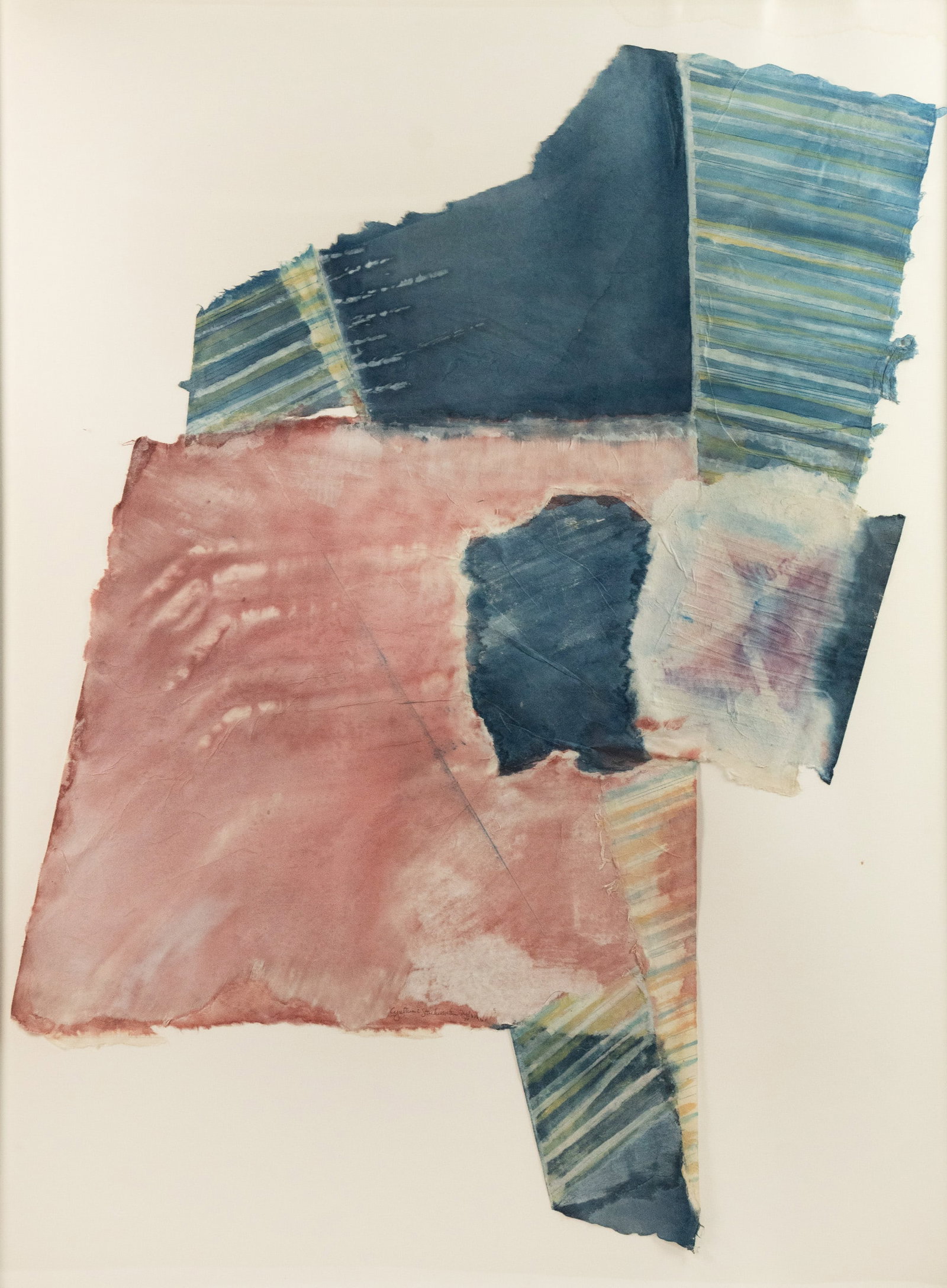 Cynthia L Starkweather-Nelson Mixed Media on Board: A Cynthia L Starkweather-Nelson (American, b.20th C.) mixed media on board composed of pink and blue gouache on applied paper. Pencil signed and dated '80' lower center.