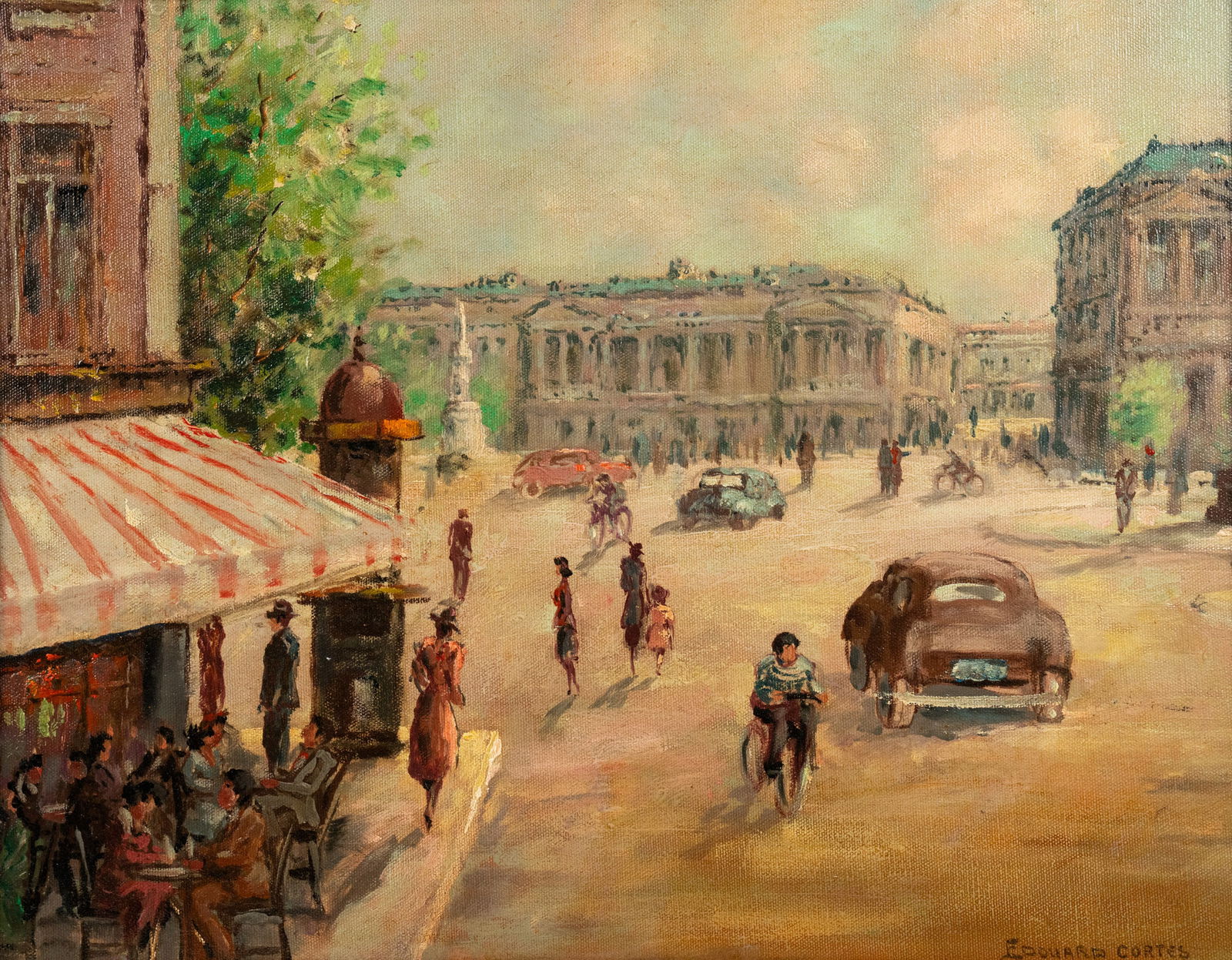 Cityscape Oil on Board Bares Signature Edouard Cortes: An oil on board painting depicting a bustling French cityscape. Bares the signature 'Edouard Cortes' lower right. Presented in a distressed carved wooden frame. Sight: 15" x 19"