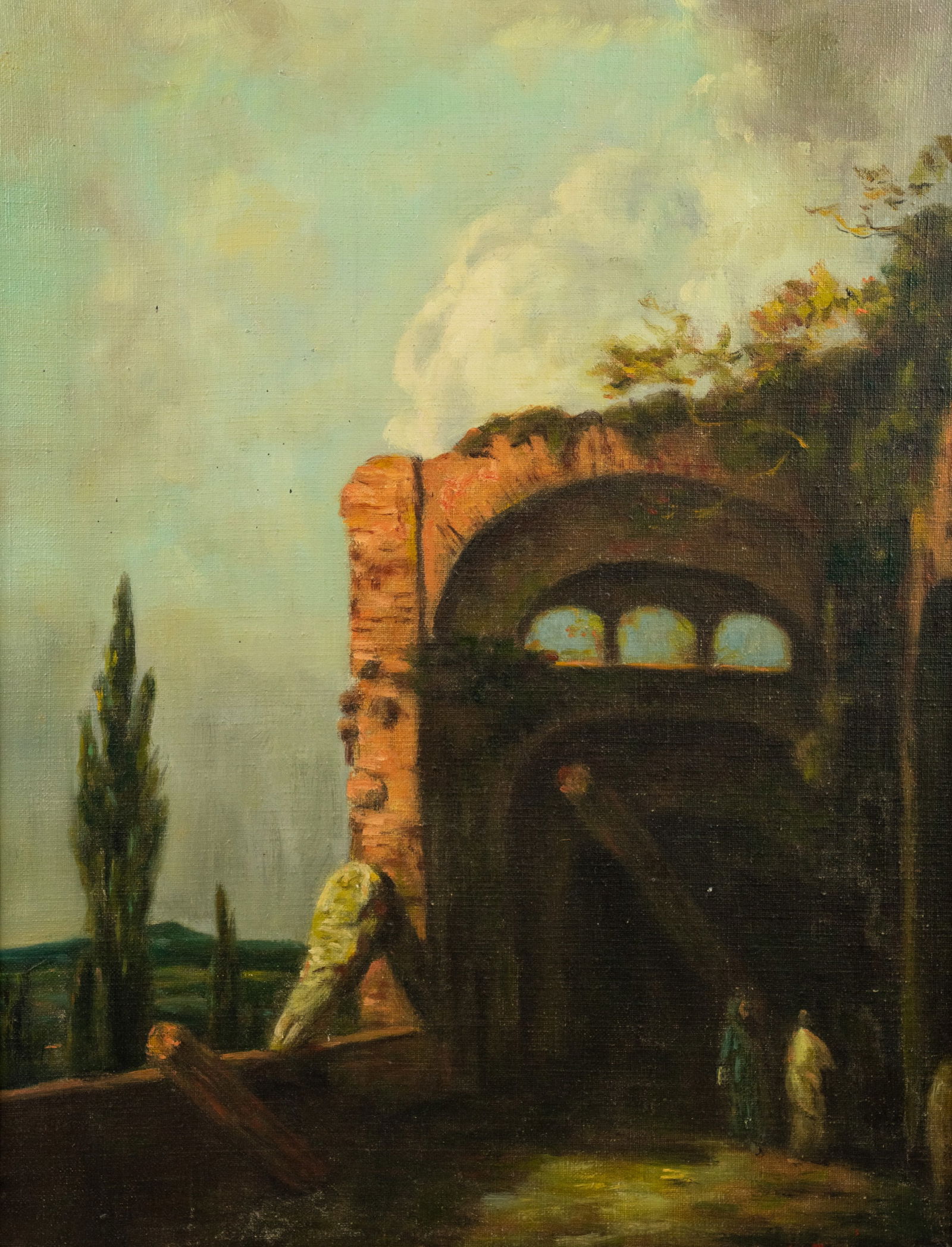 After Richard Wilson 'Maccenas's...Tivoli' O/C Painting: After Richard Wilson oil on canvas painting titled 'Maccenas's Villa at Tivoli' depicting two figures standing in the ruins of a building in Maccenas's Villa, Italy. Signed illegibly lower right. Pres