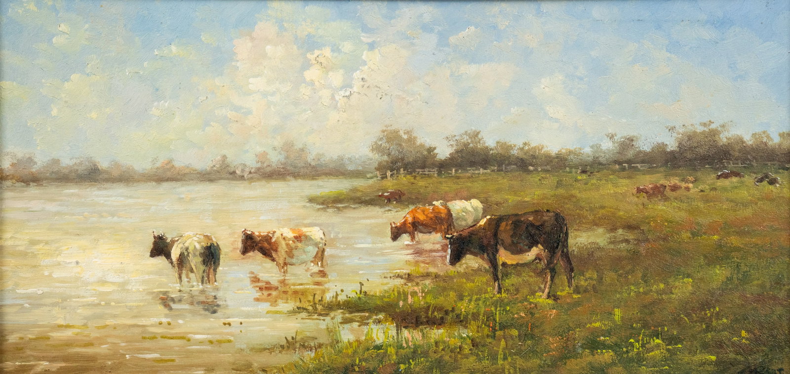 Grazing Cows Pastoral Landscape Oil on Board Painting: An oil on board painting depicting a lakeside pastoral landscape featuring a herd of cows grazing. Presented in a fluted carved giltwood frame having an outer border of laurel leaves. Sight: 7.5" x 15