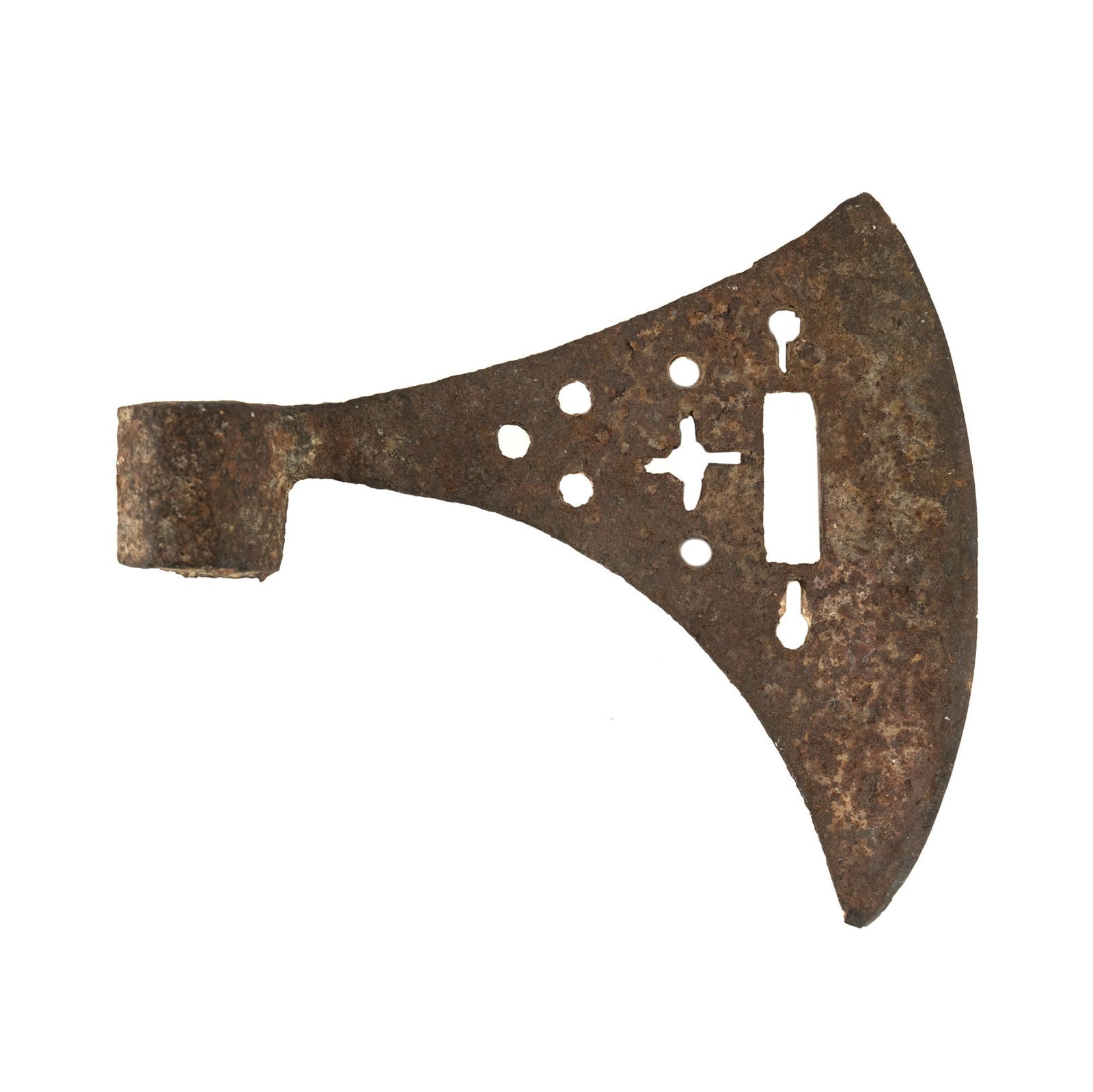 Eastern European Pierced Iron Battle Axe Head: An eastern European iron battle axe head circa 1600-1700s having a single blade and featuring a simple pierced geometric pattern.