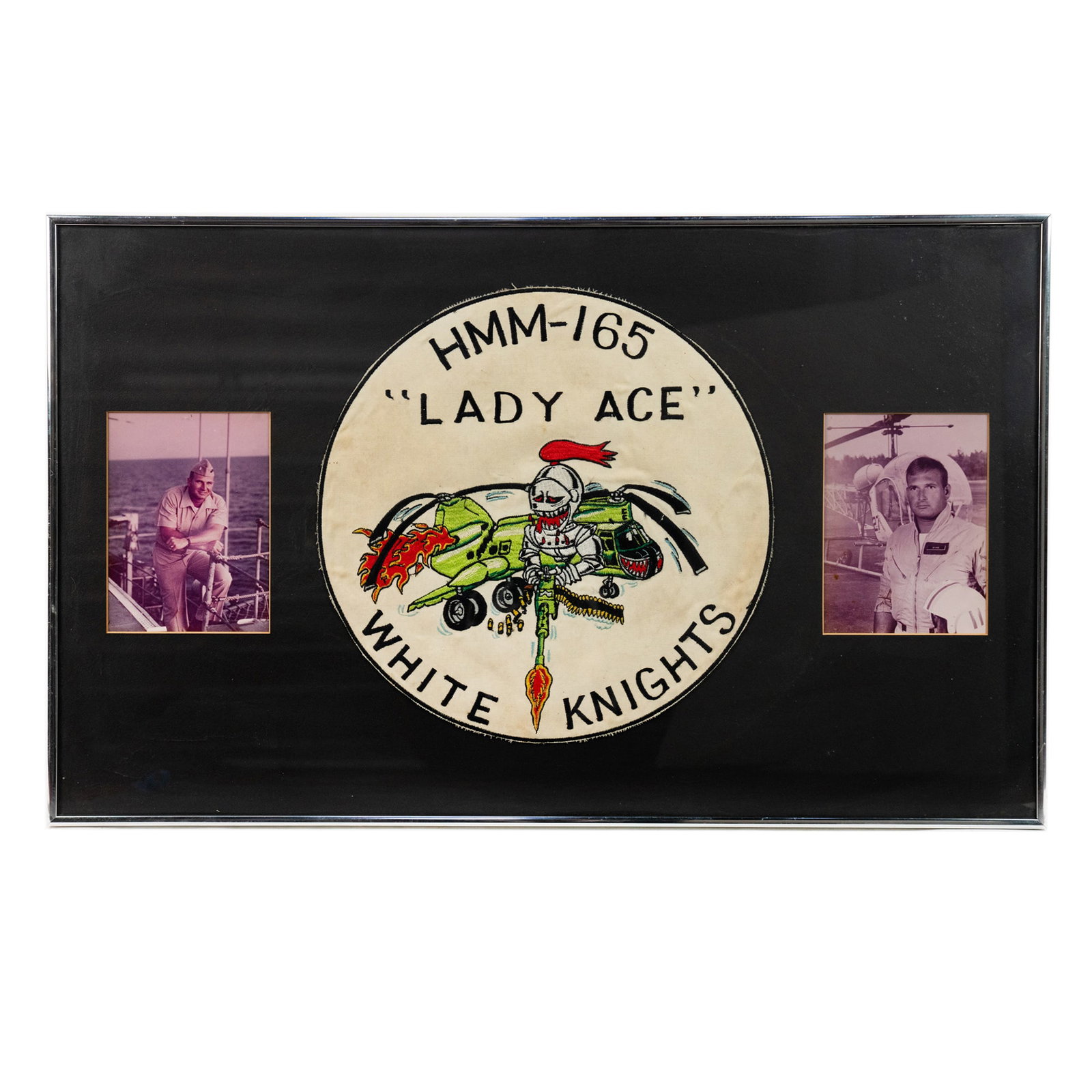 Framed HMM-165 White Knights Marine Service Display: A framed display of a marine who served in the HMM-165 White Knight unit nicknamed "Lady Ace" including the emblem of the white knights and two matted photos of the marine DeGive.