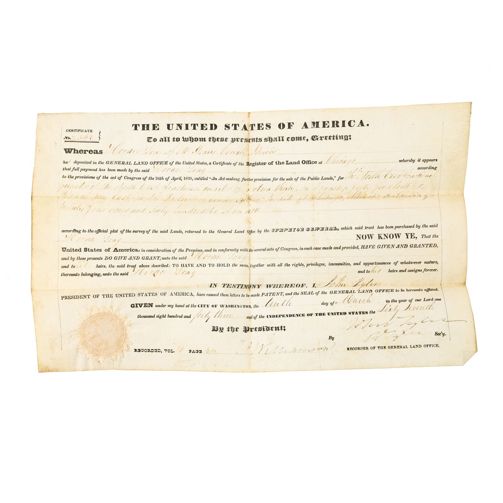 1843 President John Tyler Signed Land Grant (1 of 5)