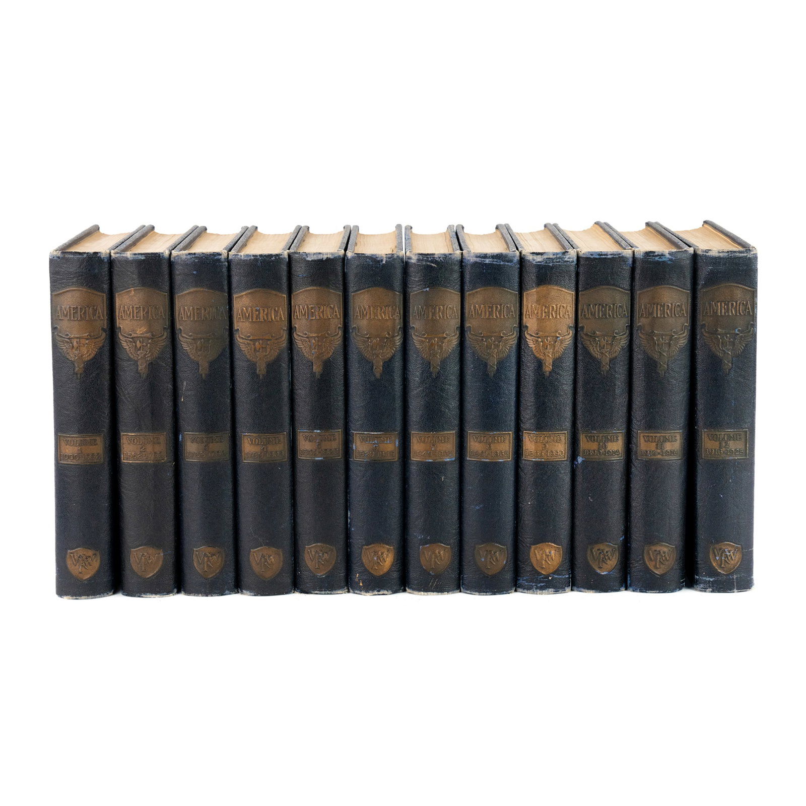 (12) Collection of 'America: Great Crises...' Books: A collection of (12) hardcover copies of 'America: Great Crises in Our History Told by its Makers' each having dark blue leather bindings featuring various embossments in gold including a bald eagle i