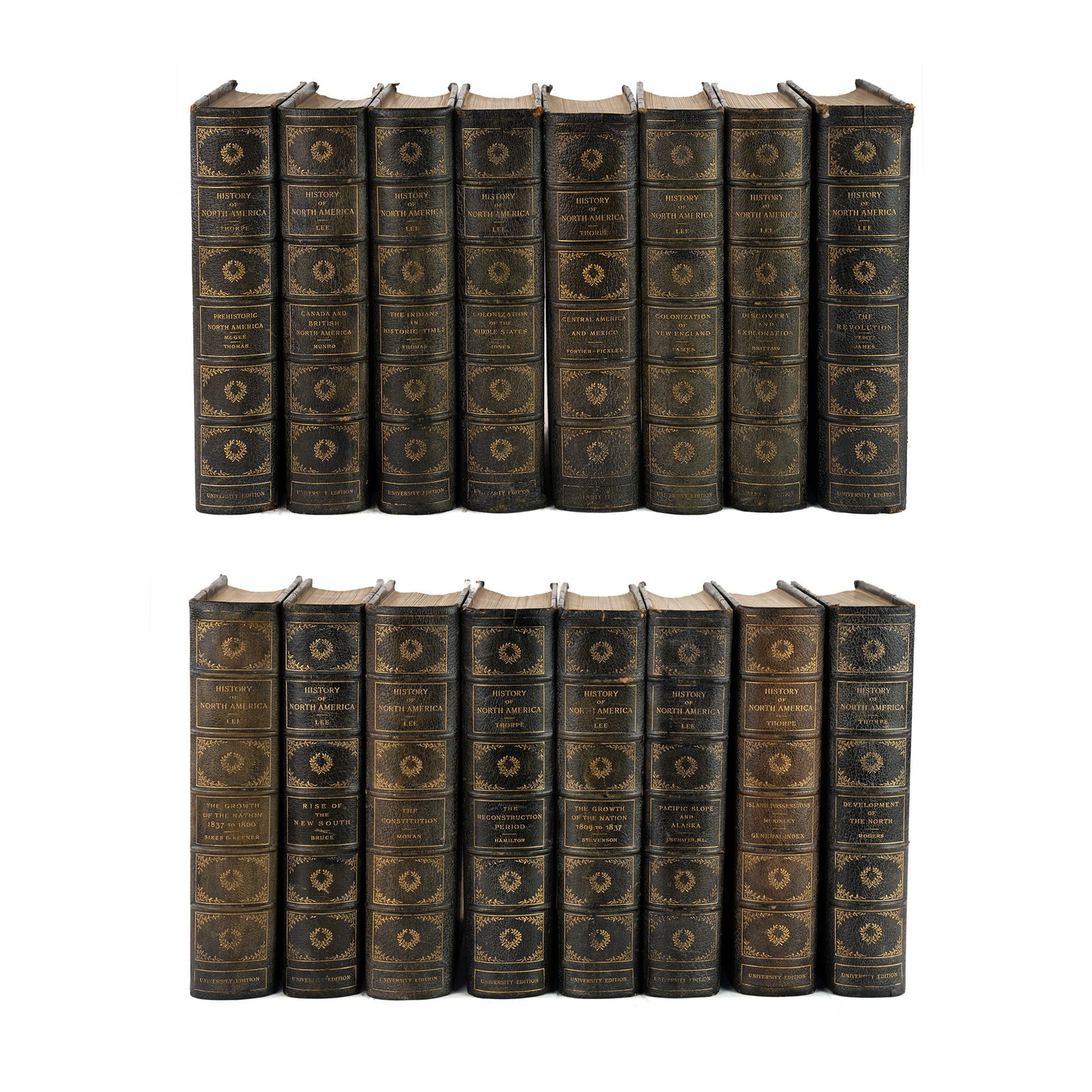 (16) Collection of 'History of North America' Books: A collection of (16) hardcover University Edition copies of 'History of North America' by Francis Newton Thorpe phd. and Guy Carleton Lee phd. each having black or brown leather binding and gold embos