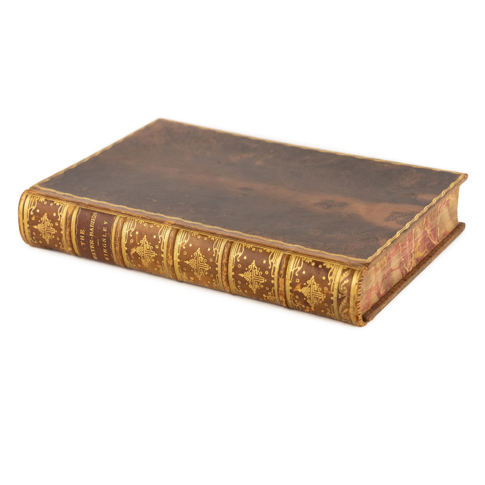 Leatherbound Hardcover 'The Water Babies' by Kingsley: A hardcover 4th edition copy of 'The Water Babies' by Charles Kingsley having a gilt brown leather binding and marbled edge pages and featuring illustrations by Linley Sambourne. Copyright 1907 by Mac