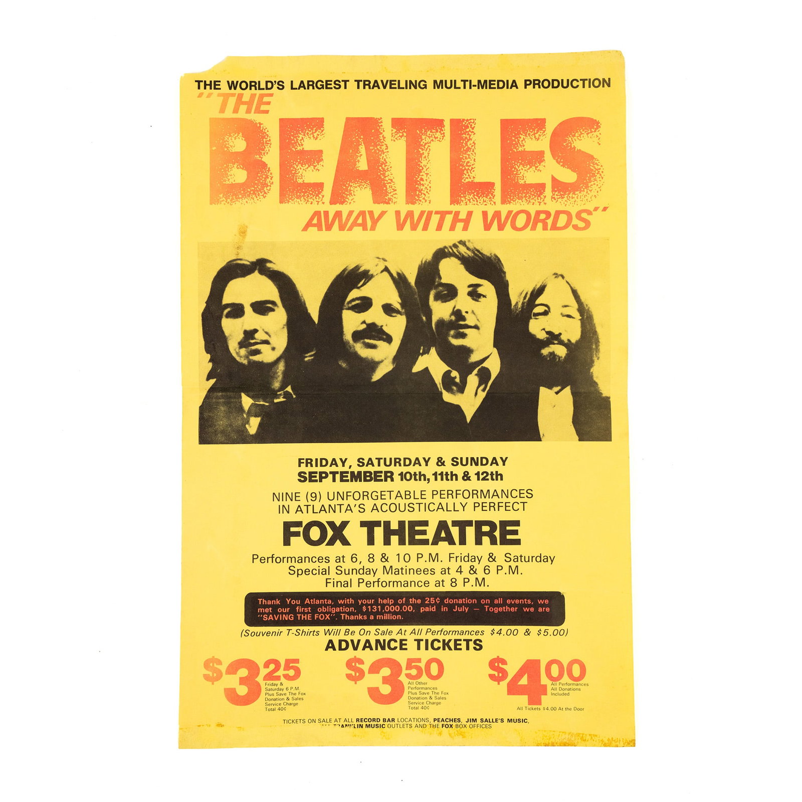 The Beatles Away With Words Tour Poster Fox Theater: A 1970's Beatles 'Away with Words' tour poster from the Fox Theater in Atlanta, GA, September 10th, 11th, and 12th.