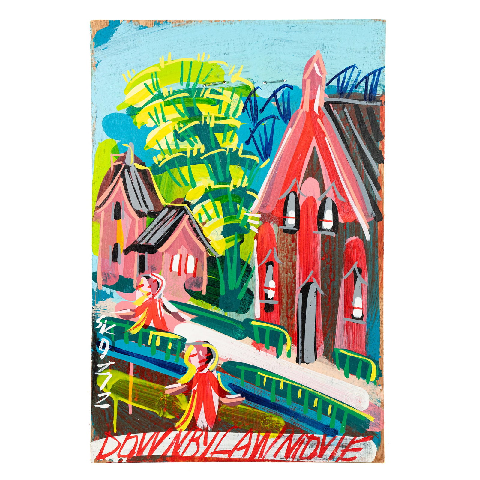 Steve Keene 'Down By Law' Acrylic on Board Painting: A Steve Keene (American, b. 1957) acrylic on board painting titled 'Down by Law' depicting two people standing on a street in front of a row of houses. Signed lower left and titled lower center.