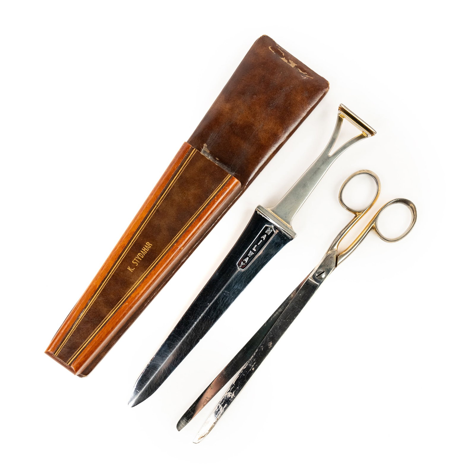 Personalized Desk Set incl. Brown & Bigelow Scissors: A personalized desk set including a nickel plated Mailway letter opener, a pair of Brown & Bigelow scissors, and a leather and mahogany wood case having a repeating dotted pattern and stamped 'K. Styd