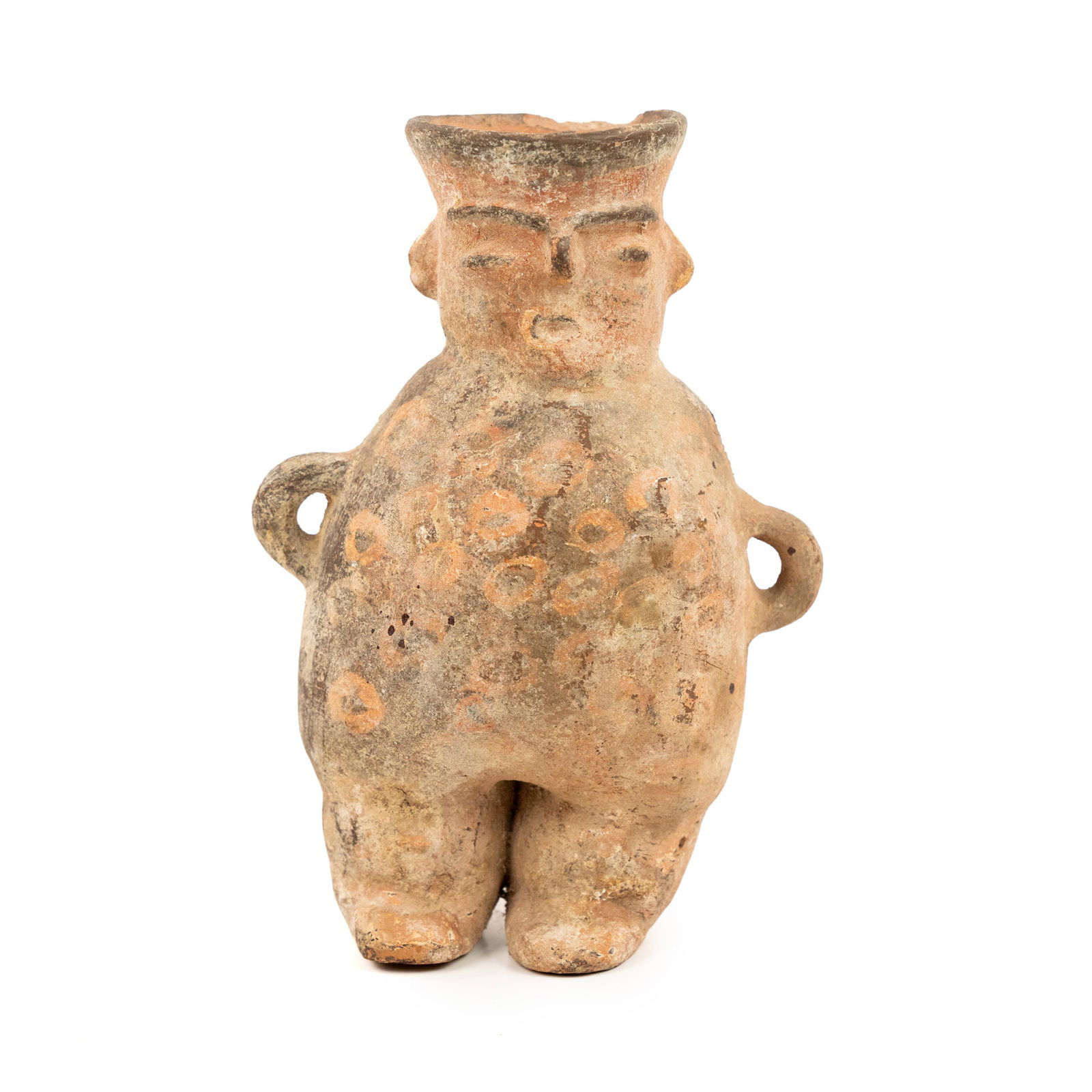 Argentine Terra Cotta Pottery Venus Effigy: An Argentine terra cotta pottery effigy depicting a woman or Venus figure standing with her hands against her hips or stomach and having a repeating circle motif across her midsection and a flared rim