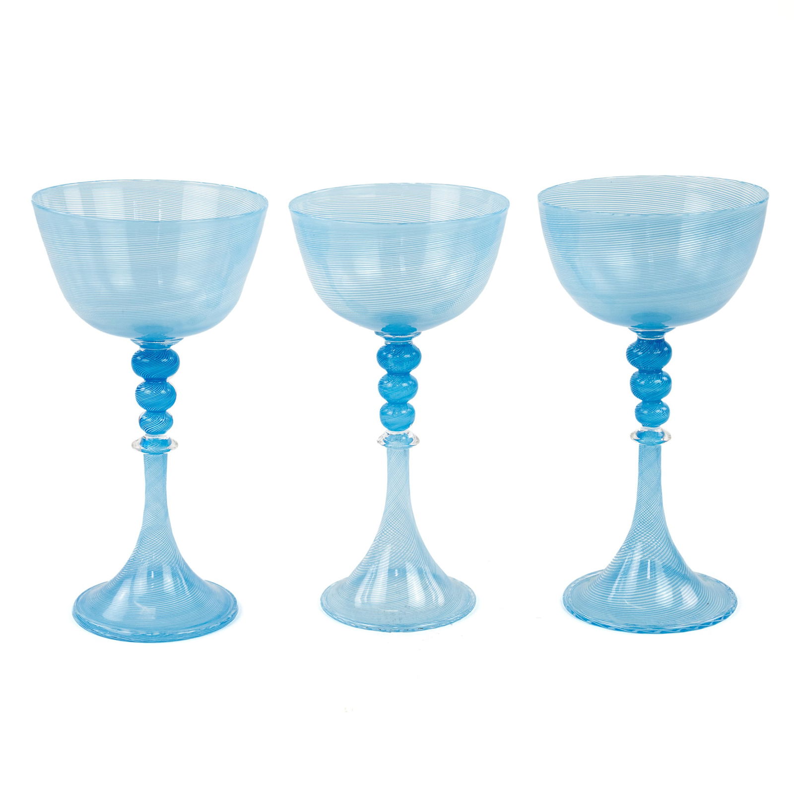 (3) Group of Jeff Mack Studio for TMA Glass Chalices: A group of (3) Jeff Mack studio for the Toledo Museum of Art hand blown blue art glass chalices having a beaded stem and featuring a striped white pattern. Marked 'TMA Glass' on underside.