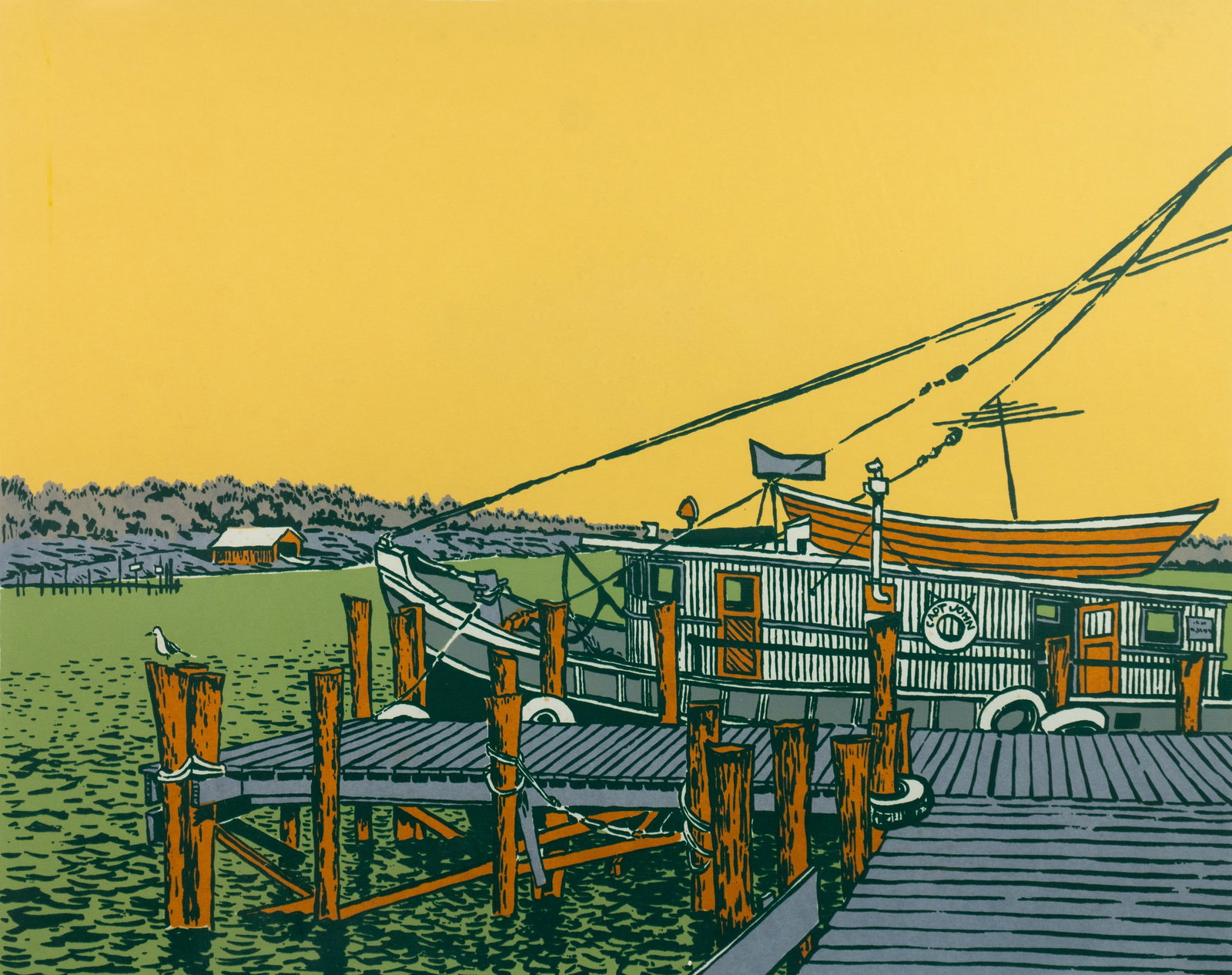 Bruce Frank 'Boat Captain John-Montauk Harbor' Linocut: A Bruce Frank (American, XX) linocut titled 'Boat Captain John-Montauk Harbor' depicting a fishing boat tied up to a dock. Pencil signed and dated '77' lower right and titled lower left. Presented in 