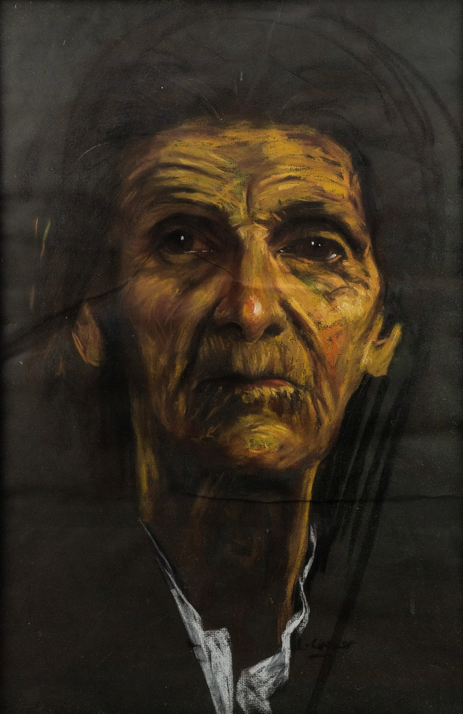 Pastel on Paper Portrait of an Elderly Woman: A pastel on paper portrait of an elderly woman wearing a white collared undershirt and black dress. Signed illegibly lower right. Sight: 23.5" x 15.5"