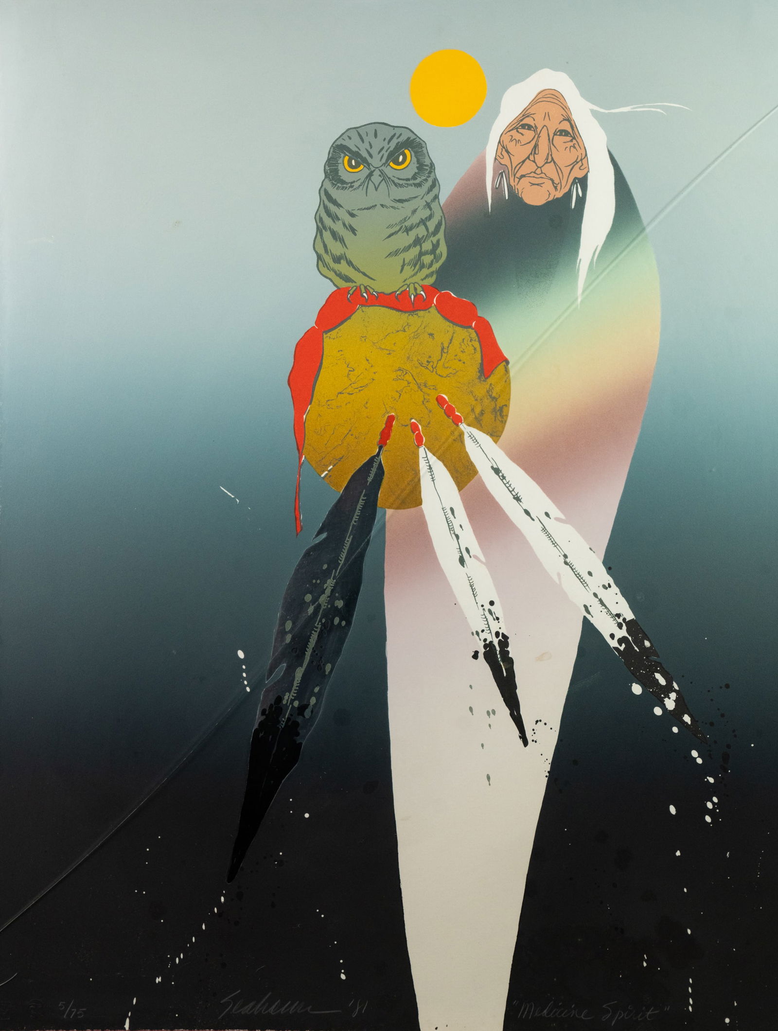 Bert D. Seabourn 'The Medicine Spirit' Serigraph: A Bert D. Seabourn (American, b. 1931) serigraph titled 'The Medicine Spirit' depicting an elderly native American woman with an owl on her shoulder. Pencil signed lower center, stamped and numbered '