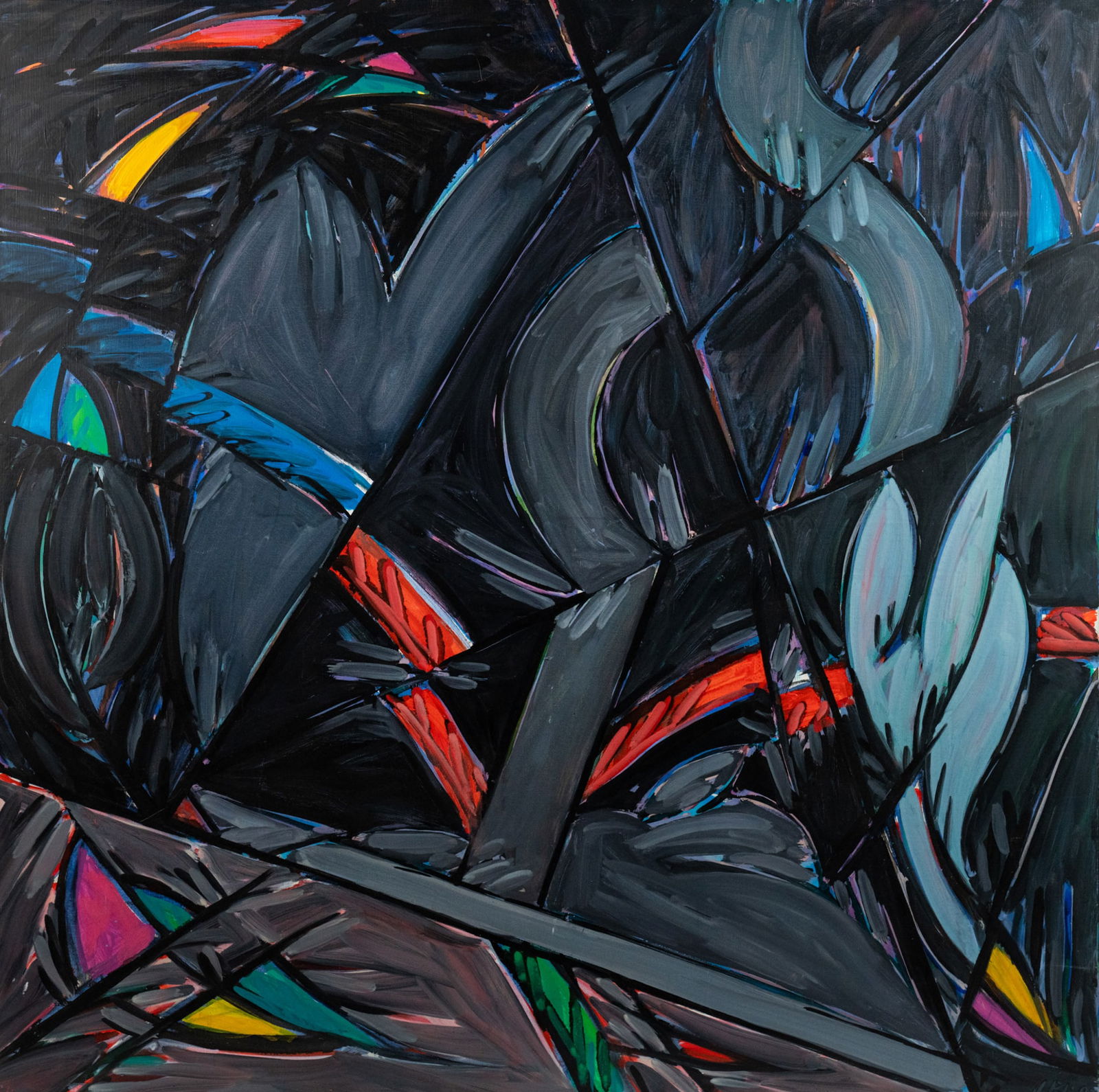 Jacques Poli 'Chemin et cyprès noir' Acrylic on Canvas: A Jacques Poil (French, 1938-2002) acrylic on canvas painting titled 'Chemin et cyprès noir' (In English: Path and Black Cypress) depicting an abstract composition. Signed and dated '87' lower right