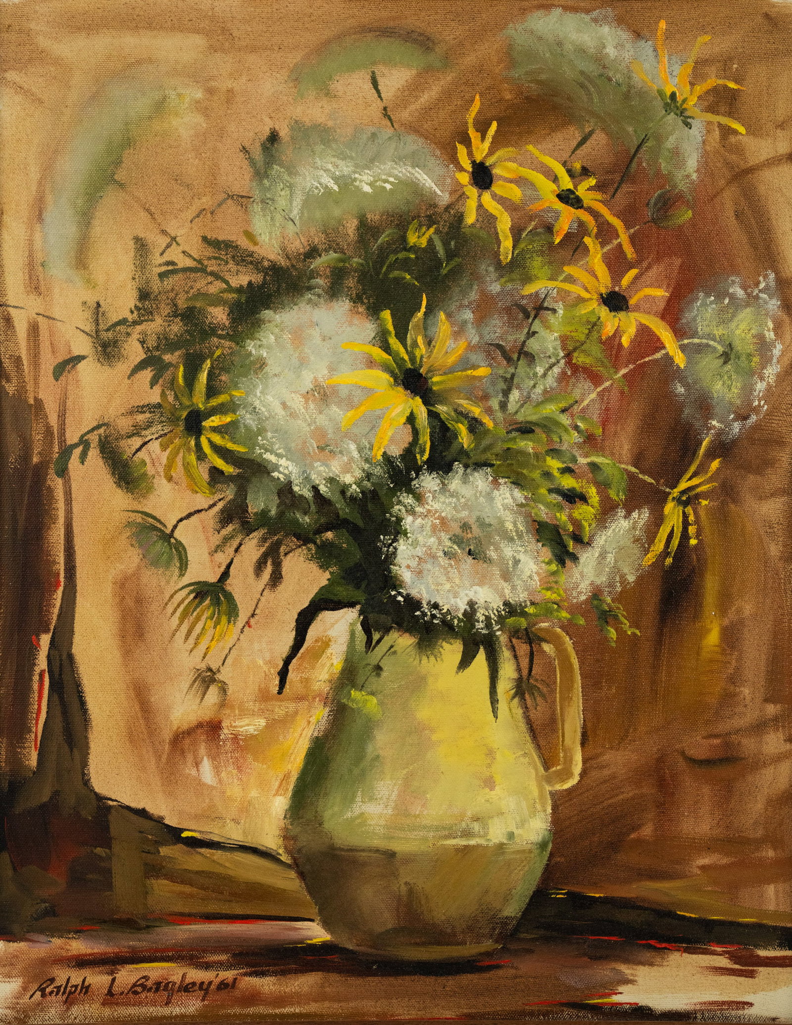 Ralph Leon Bagley Still Life Oil on Canvas Painting: A Ralph Leon Bagley (American, 1913-2008) oil on canvas painting depicting a still life of flowers in a vase. Signed lower left. Presented in a wooden frame.