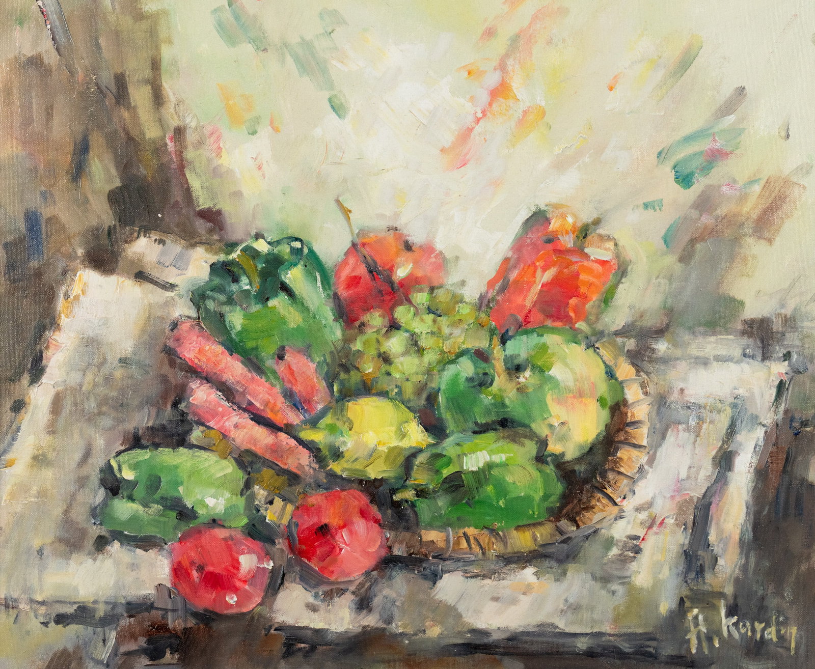 Alexander Kardin Still Life Oil on Canvas Painting: An Alexander Kardin (Austrian, 1917-1976) oil on canvas painting depicting a still life of a basket of vegetables and fruit. Signed lower right. Presented in a gilt frame. Sight: 19.5" x 22.5"