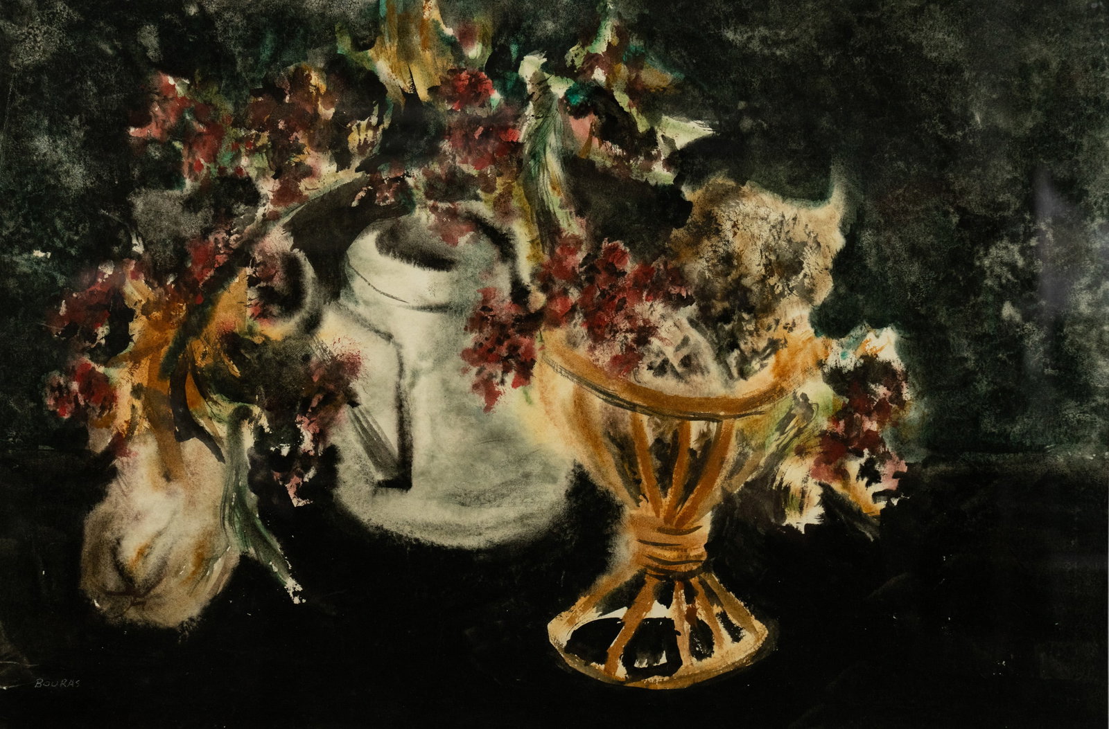 Signed Bouras Floral Still Life Watercolor on Paper: A watercolor on paper still life depicting an arrangement of flowers and pottery against a dark surface. Sign lower left. Presented in a painted wooden frame behind glass. Sight: 14.5" x 21.5"