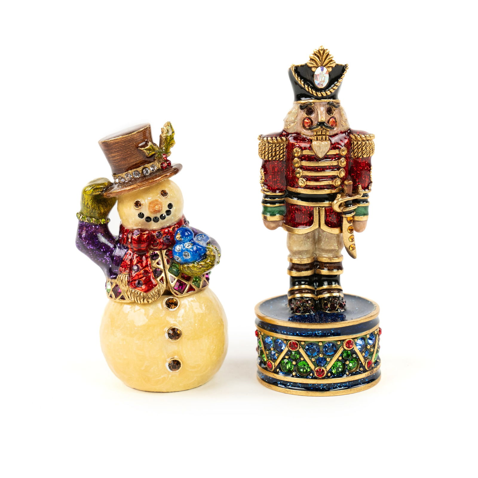 Pair of Jay Strongwater Christmas Trinket Boxes: A pair of Jay Strongwater christmas trinket boxes including the 2013 snowman, and the 2014 nutcracker. Each marked on underside. Measurements are for larger item.