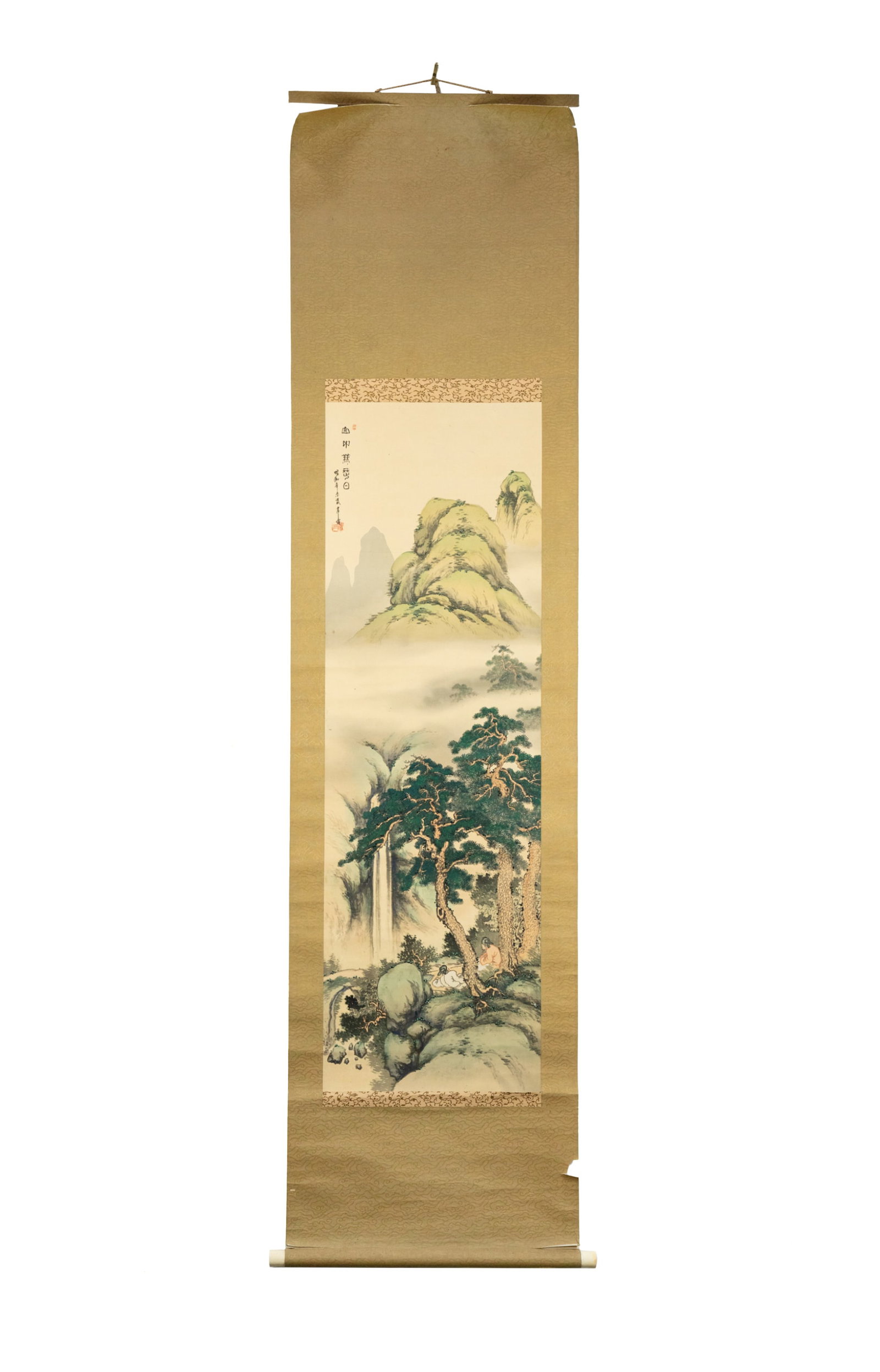 Chinese Mountain Watercolor on Paper Silk Scroll: A Chinese watercolor on paper mounted to a silk scroll with inscription and possible signature stamps at upper left corner, and having a bone roller, and featuring a painted depiction of a waterfall o