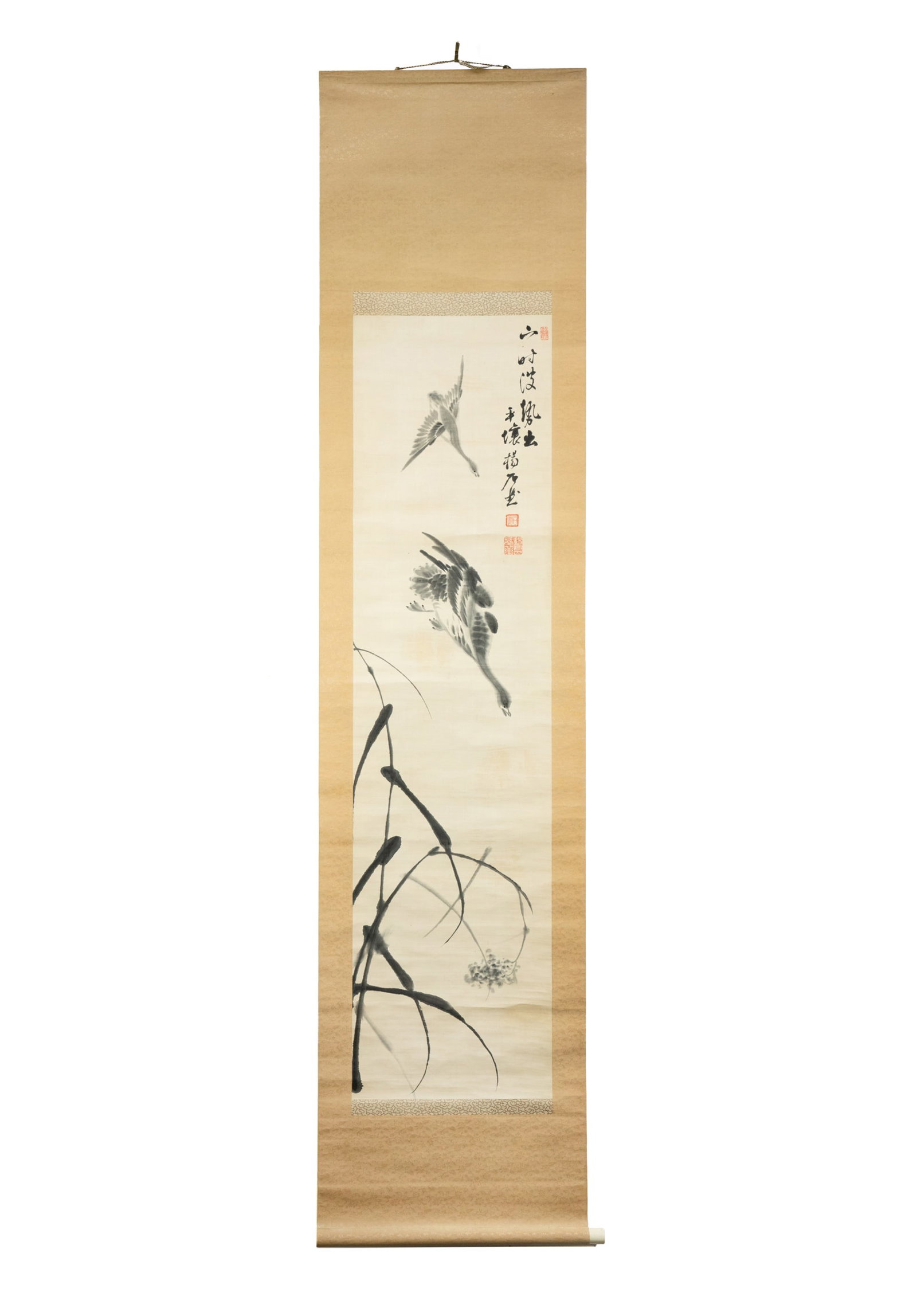 Chinese Diving Ducks Painting on Silk Scroll: A Chinese painting on a silk scroll with inscription and possible signature stamps at the upper right corner, and having a bone roller, and featuring a painted depiction of a pair of ducks diving towa
