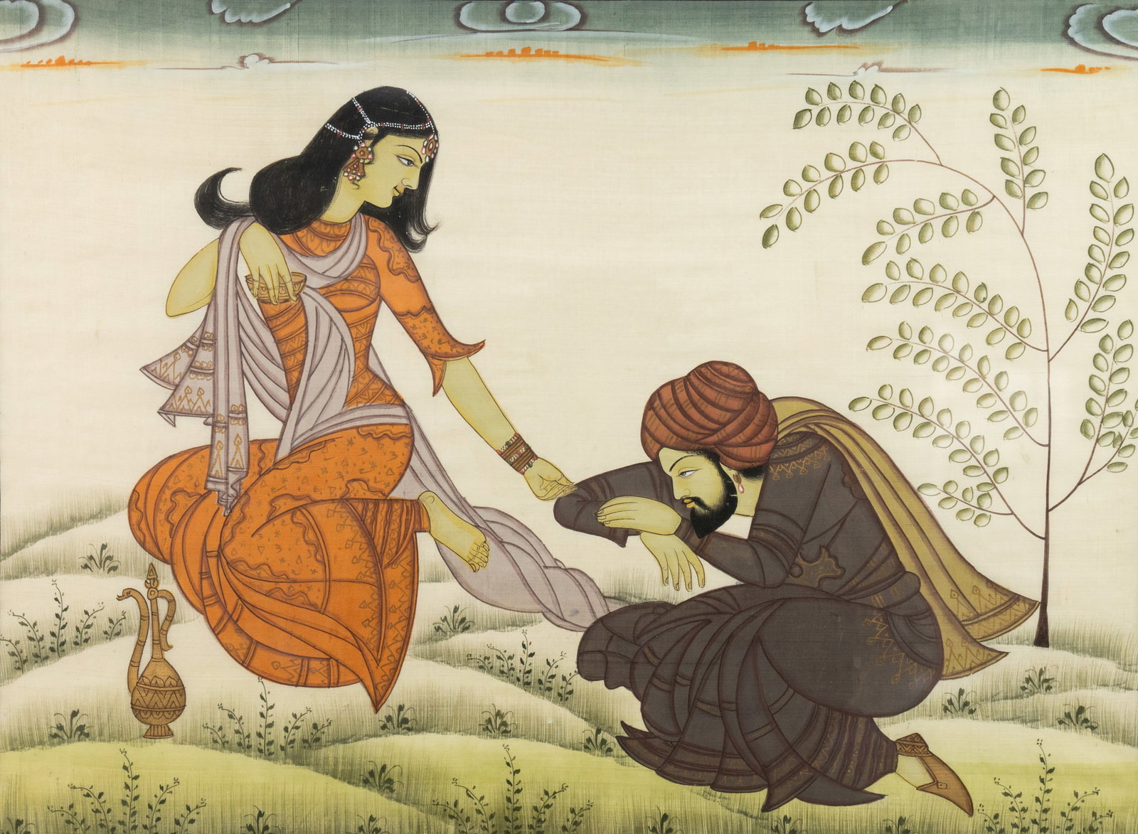 Persian Romantic Scene Pigment on Silk: A Persian pigment on silk painting depicting a romantic scene between a man and woman. Unmarked. Presented in a frame behind glass. Sight: 18" x 24"