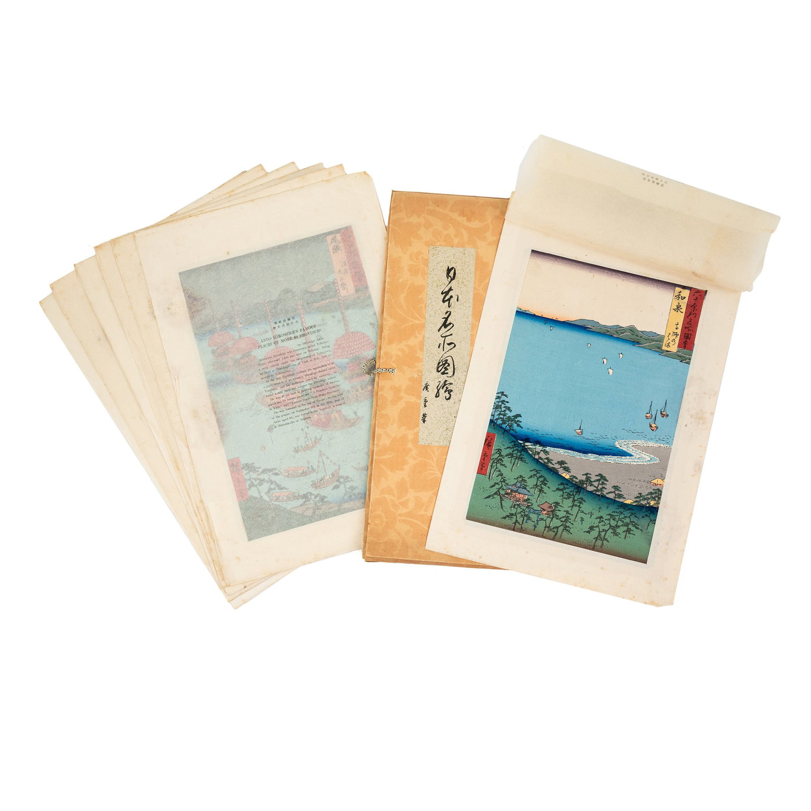 Utagawa Hiroshige 'Famous Places' Collection of Prints: A collection of woodblock prints by Utagawa Hiroshige aka Ando Tokutaro (Japanese, 1797-1858) titled 'Famous Places of More 60 Provinces'. Presented in a floral motif portfolio.