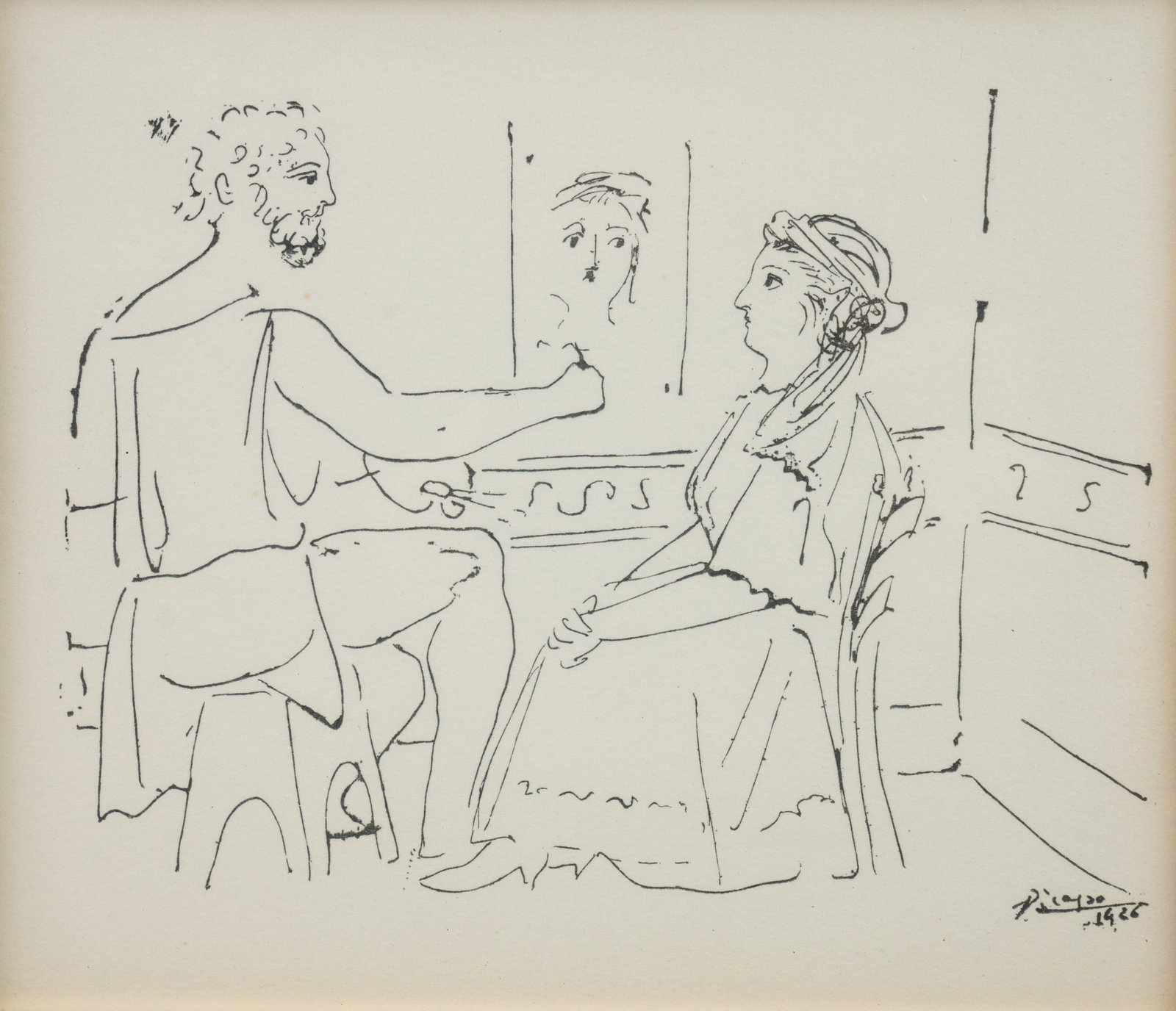 After Picasso 'La Pose Du Modele' Woodcut Engraving: After Pablo Picasso woodcut engraving titled "La Pose Du Modele" depicting an artist painting his model who sits beside him. Signed in print lower right. Housed in frame behind glass. Sight: 6" x 6.75