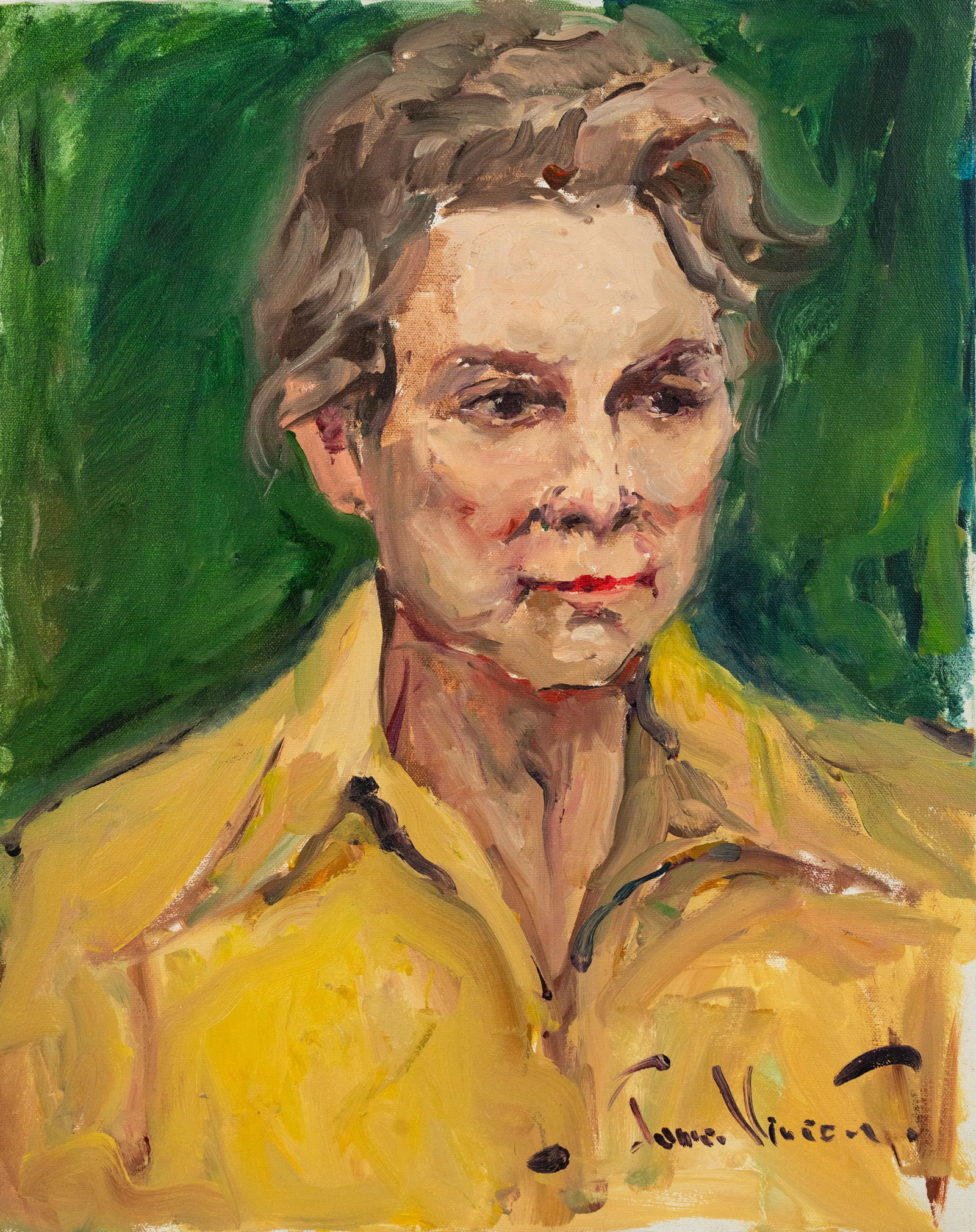 Portrait of a Woman Oil on Canvas Painting: An oil on canvas painting depicting a elderly woman in a yellow button up shirt. Signed illegibly lower right. Presented unframed.