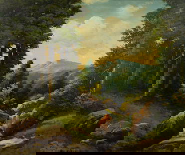 Robert William Wood Woodland Landscape O/C Painting: A Robert William Wood (American, 1889-1979) oil on canvas painting depicting a mountain landscape. Signed and dated in the lower left corner. Housed in original wood frame with name and date plaque. S