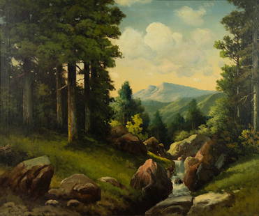 Robert William Wood Woodland Landscape O/C Painting: A Robert William Wood (American, 1889-1979) oil on canvas painting depicting a mountain landscape. Signed and dated in the lower left corner. Housed in original wood frame with name and date plaque. S