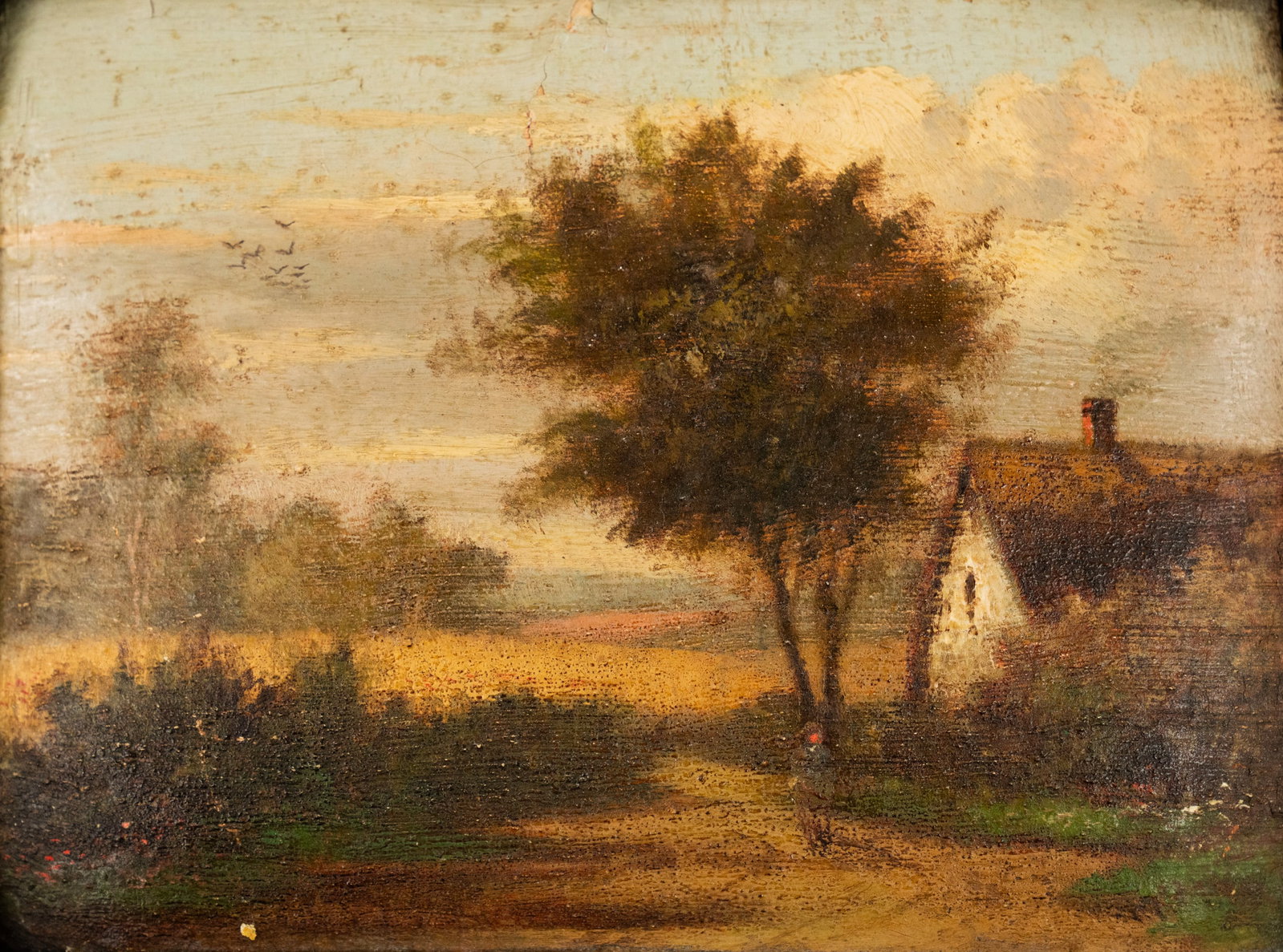 Antique Cottage Landscape Oil on Board Painting: An antique oil on board painting depicting a man walking through the country passing by a cottage. Unsigned. Presented in a wooden frame. Sight: 6" x 7.5"