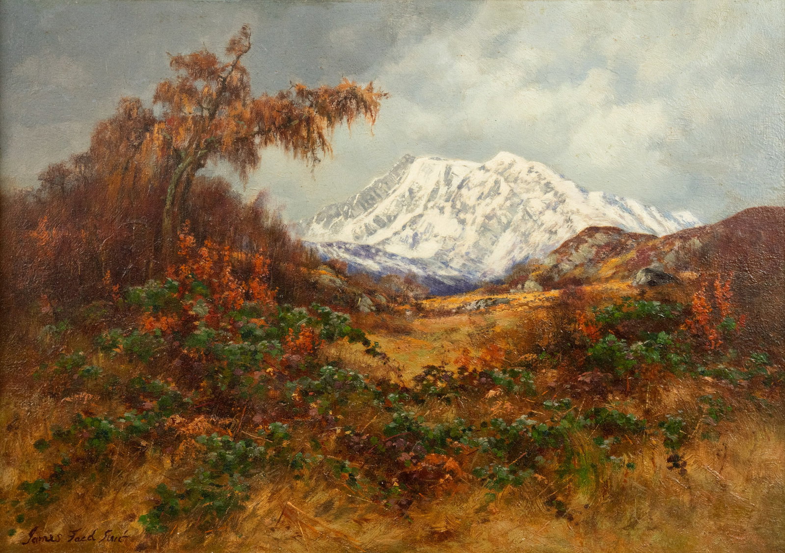 James Faed Jr. Mountain Landscape Oil on Board: James Faed Jr. (English, 1856 - 1920) oil on board painting depicting a landscape featuring foliage in earthen tones and a snow covered mountain in the background. Signed lower left. Presented in a gi