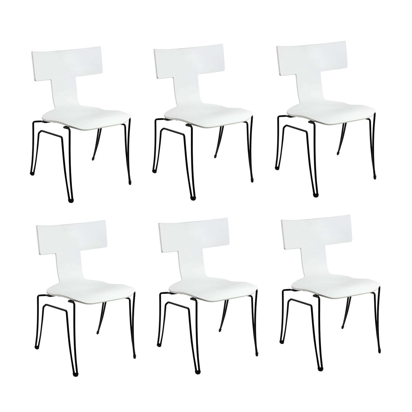 (6) John Hutton for Donghia White Anziano Chairs: A set of six (6) John Hutton for Donghia "Anziano" Klismos chairs having white bentwood seats with black tubular steel frames. Maker's mark adhered to underside. Seat height: 17"