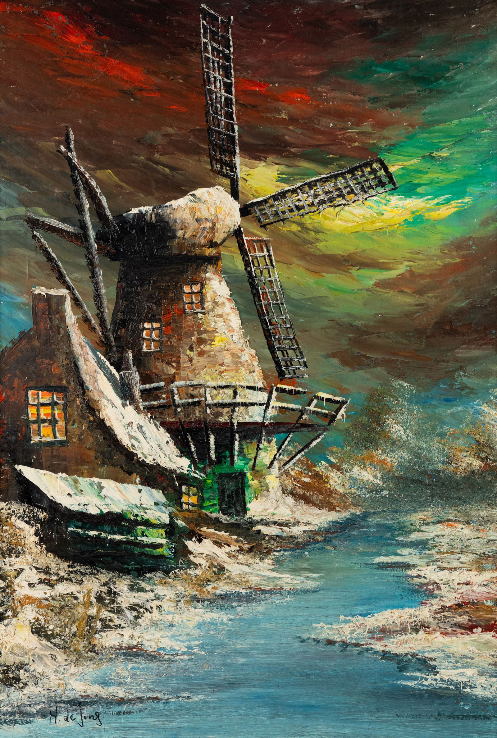 Hans De Jong Windmill Oil on Canvas Painting: A Hans De Jong (Dutch, b.XX) oil on canvas painting depicting a windmill set against a night sky lit with the aurora borealis. Signed lower left. Presented in a wooden frame. Sight: 35.5" x 23"