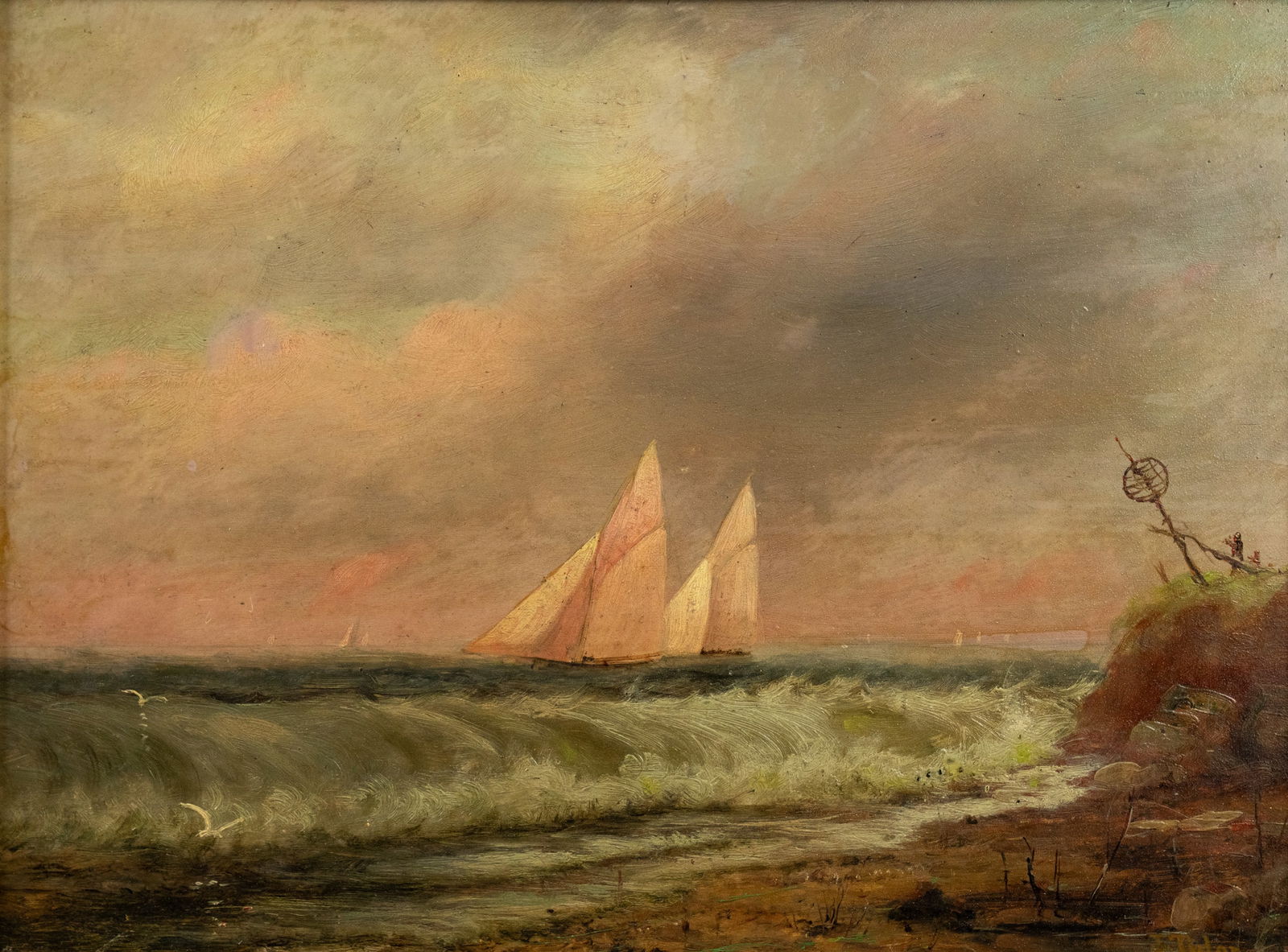 James Gale Tyler Seascape Oil on Board: A James Gale Tyler (American, 1855-1931) oil on board painting depicting a seascape with waves breaking on a beach in the foreground and sailboats out to sea scattered in the background. Signed lower