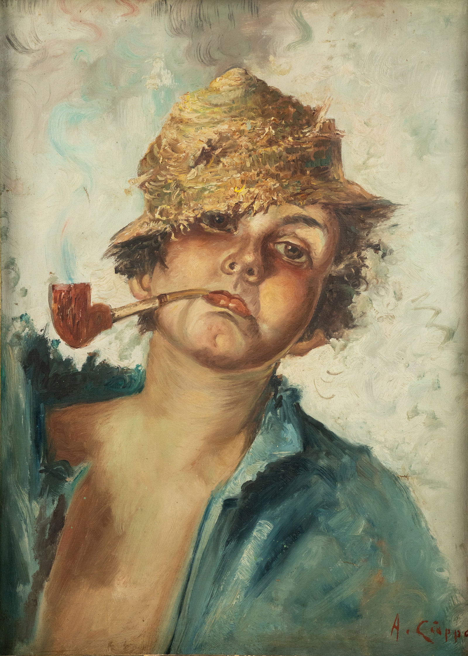 A. Ciappa 'Boy with Pipe and Straw Hat' Oil on Canvas (1 of 9)