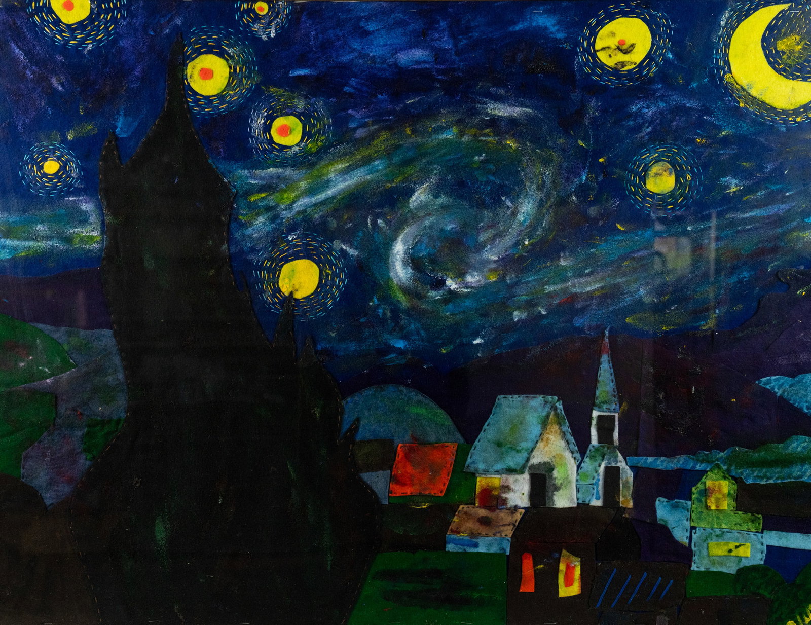 Follower of Van Gogh 'Starry Night' Felt Sewn Art: A sewn felt textile after Van Gogh's Starry Night. Possible signature lower right. Presented in a frame behind glass. Sight: 28.5" x 37"