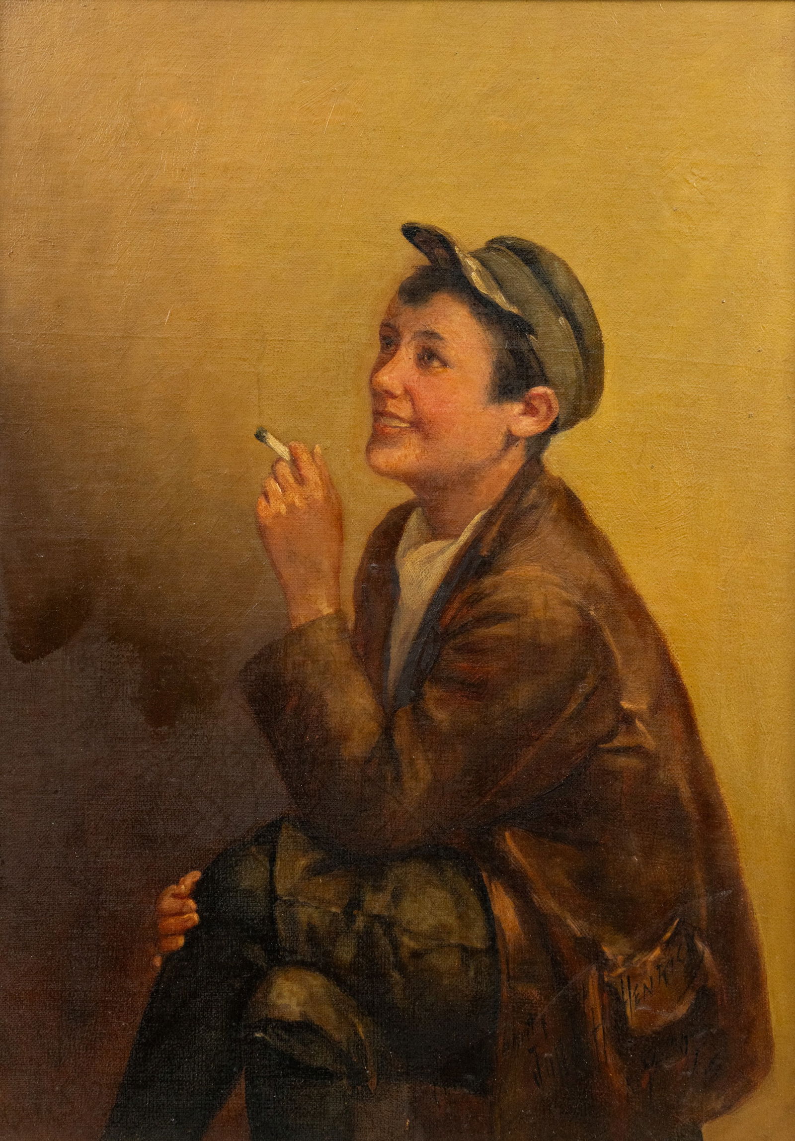 John H. Henrici Smoking Boy Oil on Board Painting (1 of 10)