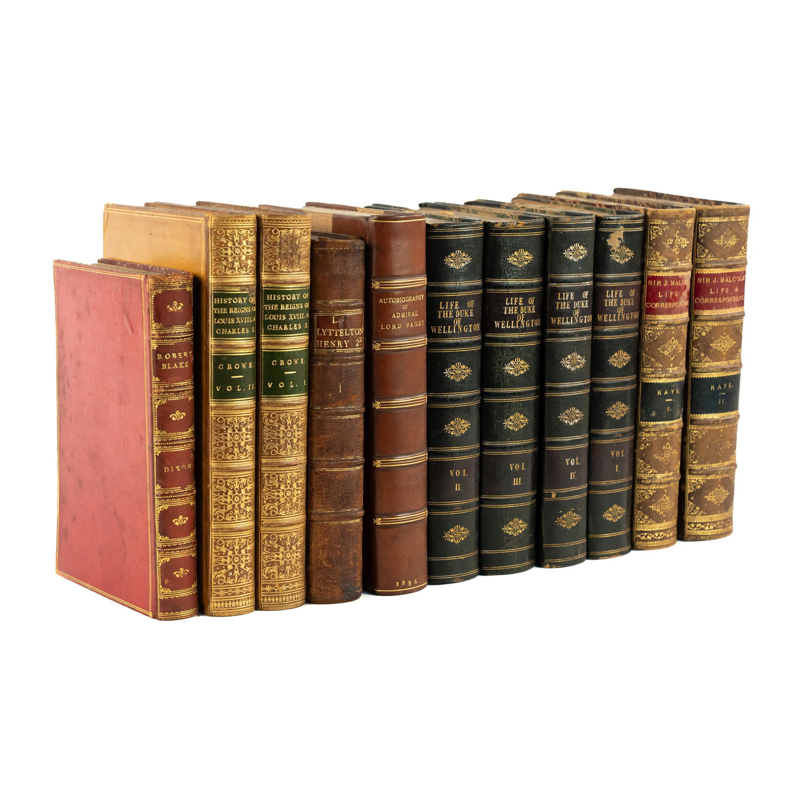 (11) Group of Leatherbound Assorted Historical Books: A group of (11) leatherbound historical books by various authors including: four volumes of "The Life of the Duke of Wellington" by Rev. G.N. Wright, "Robert Blake" by William Hepworth Dixon, and the