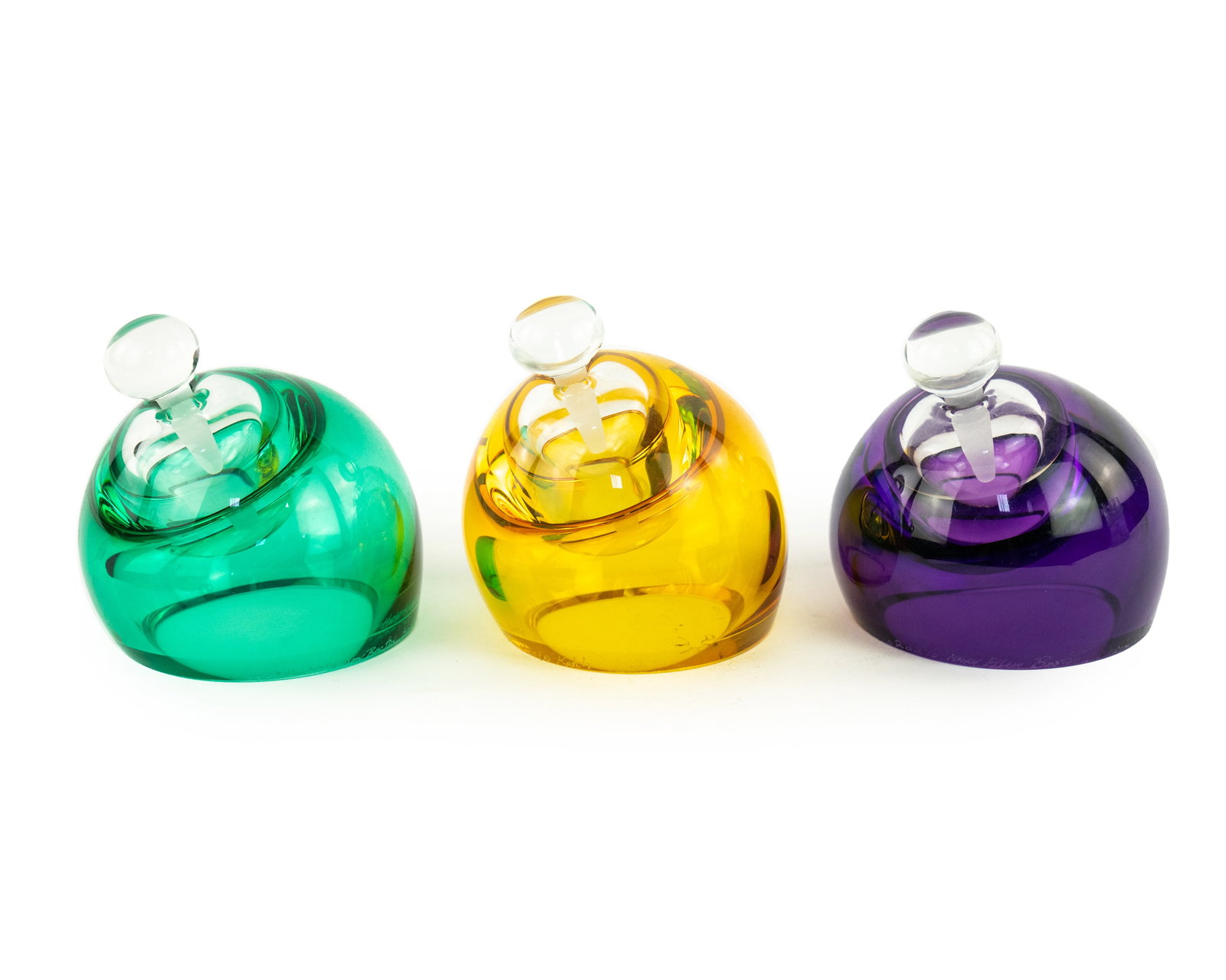 (3) Group of Buxton & Kutch Art Glass Perfume Bottles: Artist Name: Mary Ellen Buxton & Kevin Kutch Studio: Pier Glass Location: Red Hook, Brooklyn New York Medium: Studio art glass Description: A group of (3) art glass perfume bottles. Each incised signe