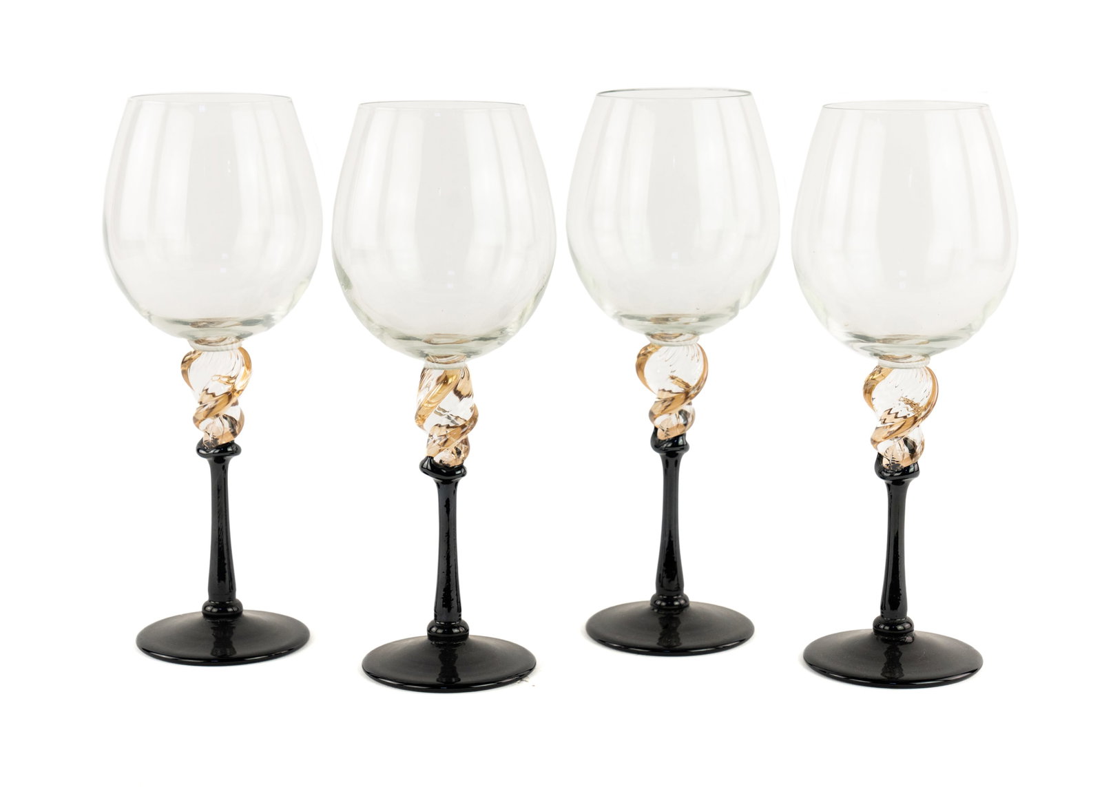 (4) Set of Romeo Glass 'Bijan Twirl' Wine Glasses: Studio: Romeo Glass Location: Waynesboro, Virginia Medium: Studio art glass Description: A set of (4) art glass wine glasses featuring a 'Bijan Twirl' style stem. Incised signed and dated '2012' on un
