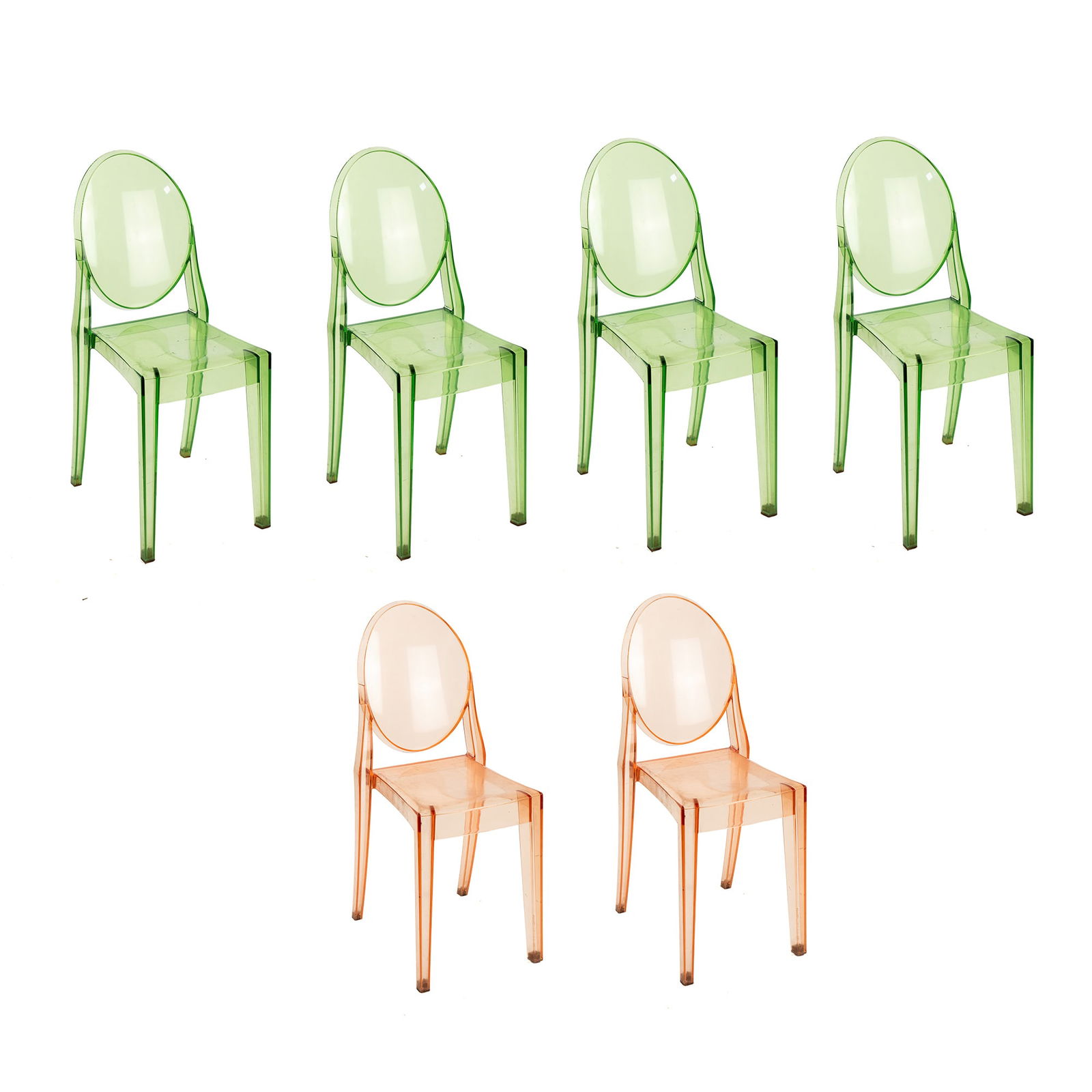 (6) Philippe Starck Victoria Ghost Chairs by Kartell: A set of six (6) Philippe Starck (French, b. 1949) Victoria Ghost chairs by Kartell including four green and two orange chairs. Marked on backside. Seat height: 19"