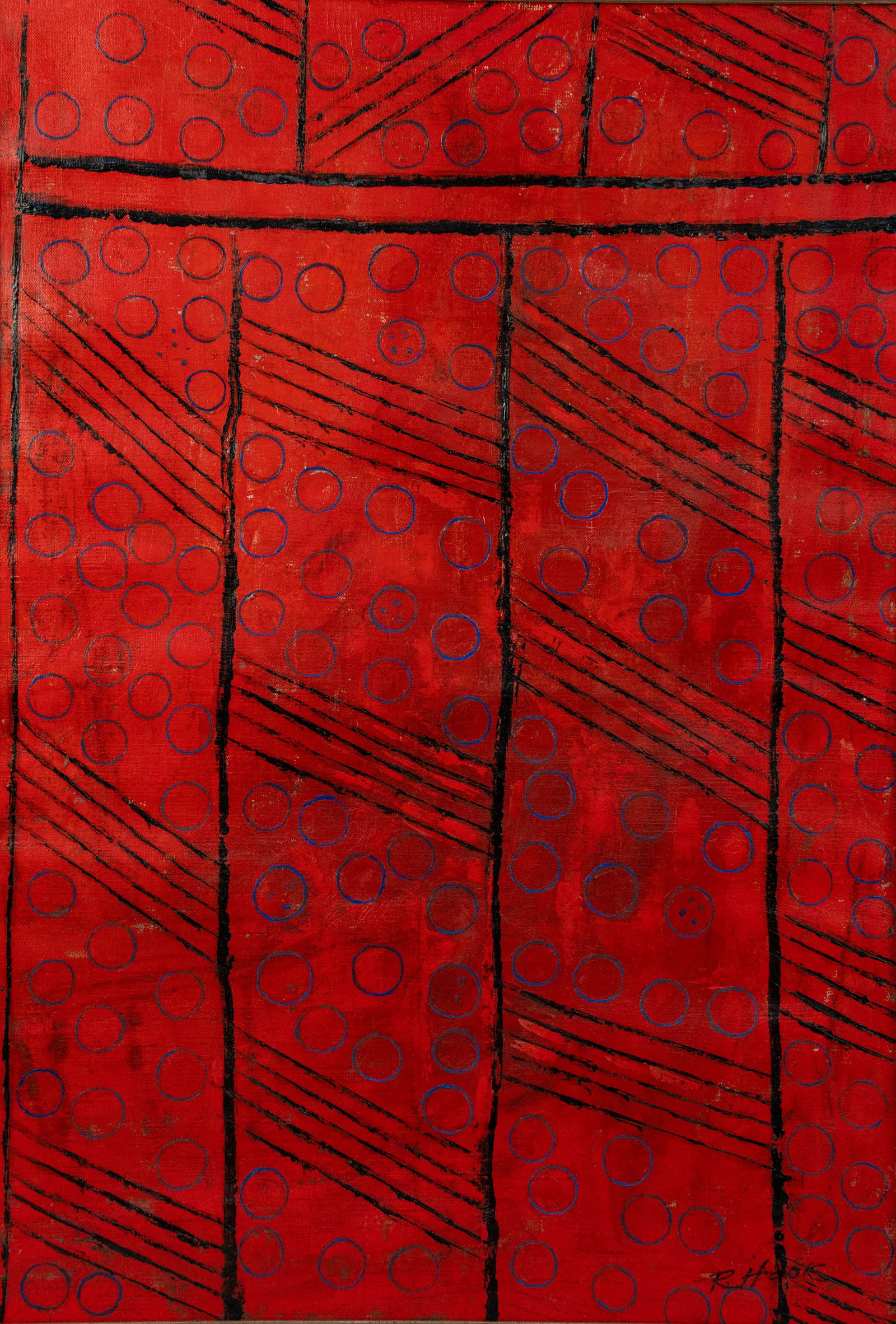 Richard Hook Abstract Oil on Canvas Painting: A Richard Hook (Australian, b. 1945) oil on canvas painting depicting an abstract composition. Signed lower right. Presented in a gold trimmed black frame.
