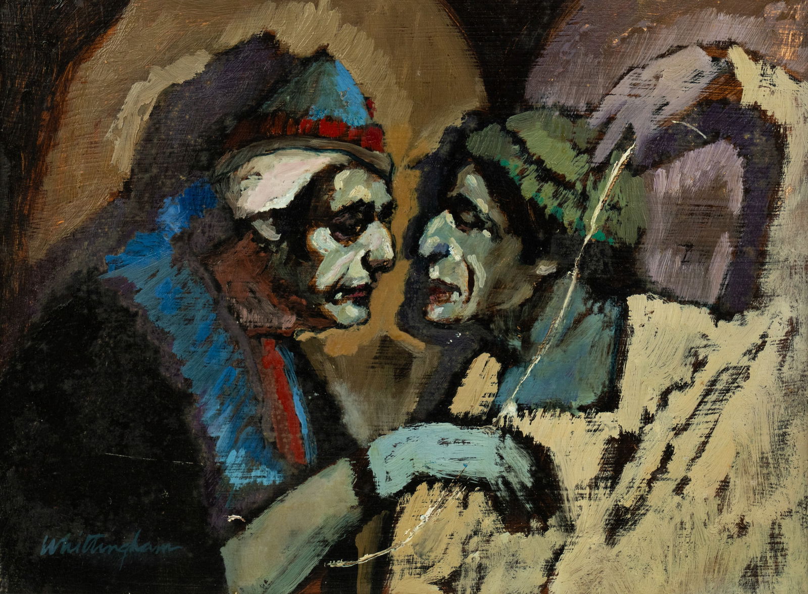 Bonnie Whittingham Oil on Board Painting: A Bonnie Whittingham (American, 1921-1997) untitled oil on board painting depicting two figures in mid conversation. Signed lower left. Presented in a linen matted frame.
