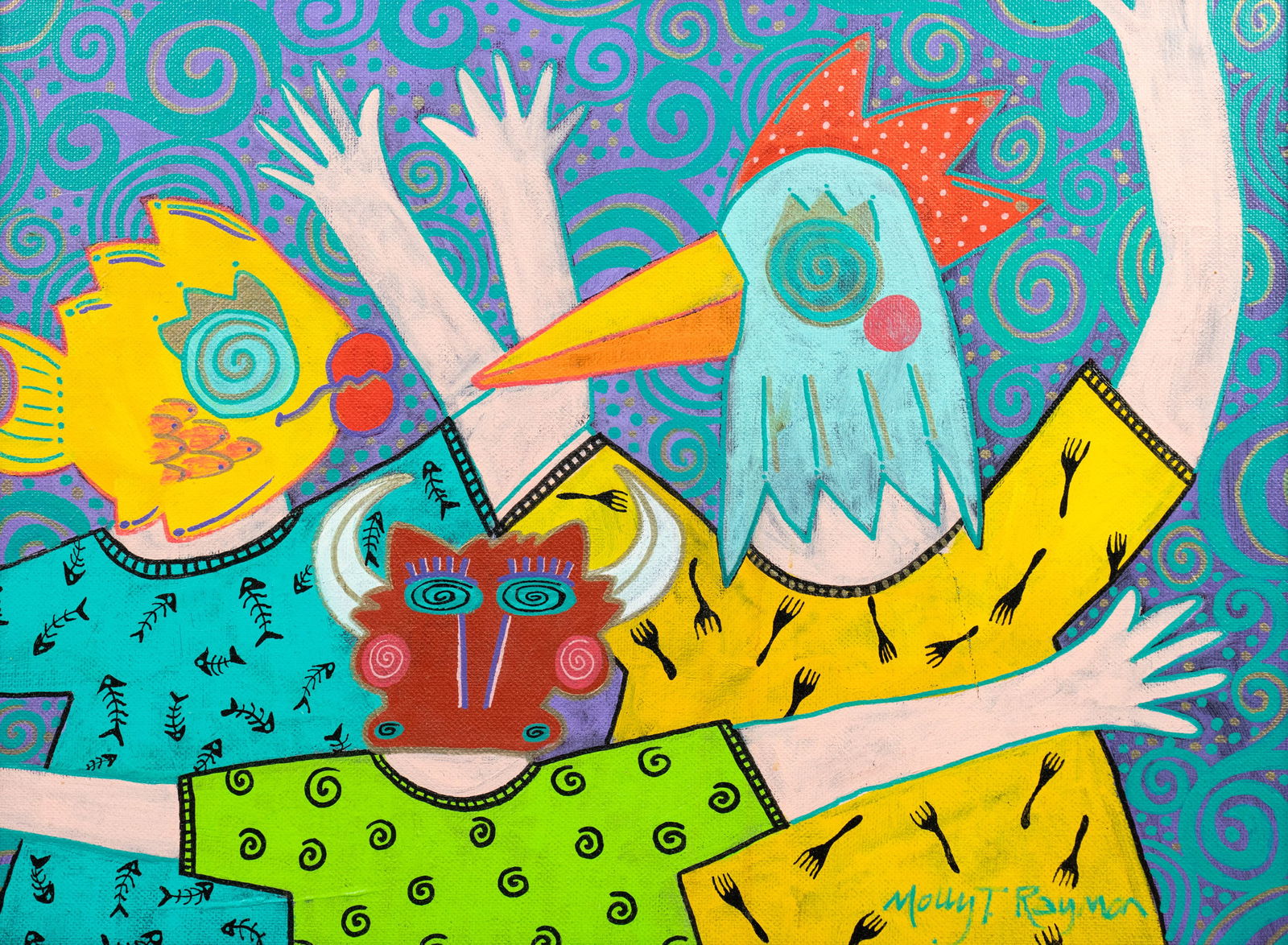 Molly T. Raymon Signed Folk Art A/C Painting: A Molly T. Raymon (American, b. XX) acrylic on canvas painting depicting three figures wearing animal masks waving their arms. Signed lower right. Presented in a wooden frame with a linen inner trim.