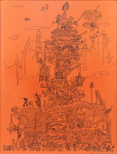 Red Grooms 'The City of Chicago' Signed Linocut: A 'Red' (Charles Rogers) Grooms (b. 1937) linocut titled 'The City of Chicago' depicting a cartoonist version of Chicago. Pencil signed and dated '68' lower right. Presented in a black painted wood fr