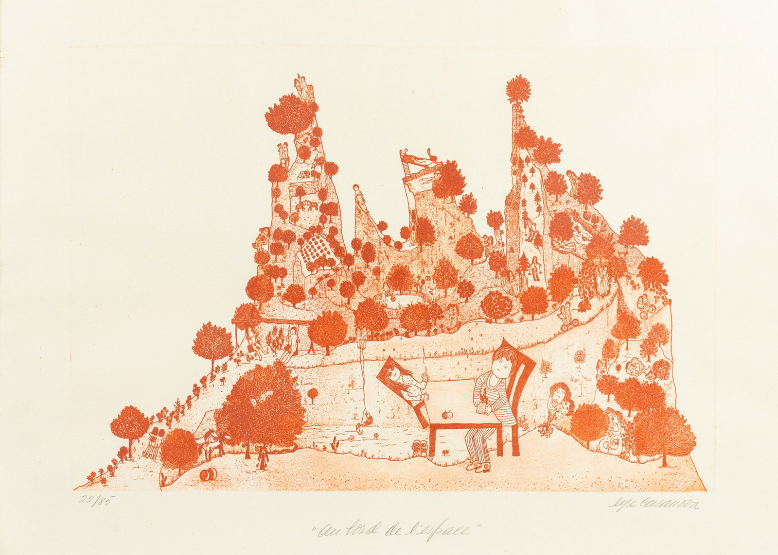 Lyse Casanova 'Au Lord de L'espace' Ink Block Print: A Lyse Casanova (French-Canadian, b.1939) titled 'Au Bord de L'espace' depicting two people sitting at a table in the foreground while nude couples frolic in the mountain side behind them. Pencil sign