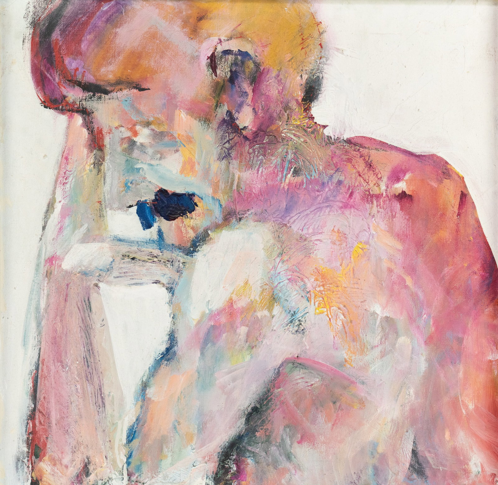 Fred Spinowitz Abstract Portrait Oil on Canvas Painting: A Fred Spinowitz (American, b. XX) untitled oil on canvas painting depicting what appears to be abstract portrait in profile. Signed on verso upper center. Presented in a thin white painted wood frame
