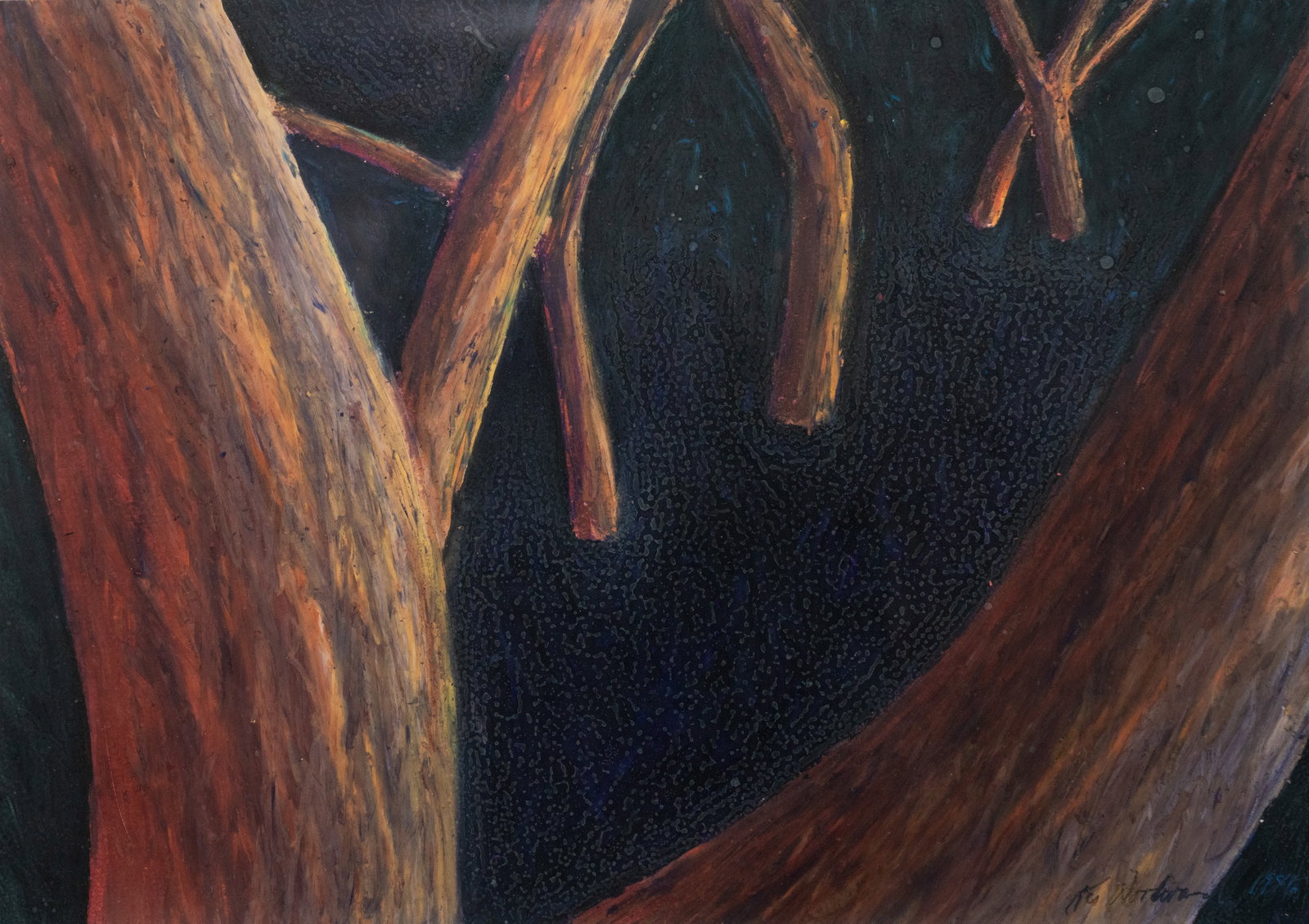 Kesler Woodward 'Arboretum Series #8' Pastel on Paper: A Kesler Woodward (American, b. 1951) crayon on paper drawing titled 'Arboretum Series #8' depicting close ups of trees. Signed lower right. Presented in a frame behind glass. Sight: 10" x 14"